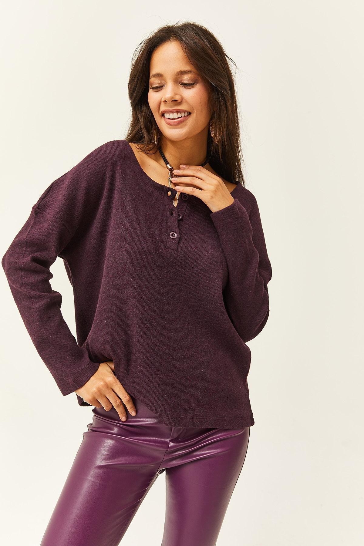Womens Damson Button Raised Loose Sweater KZK-19000721, single, DAMSON, large image number 1