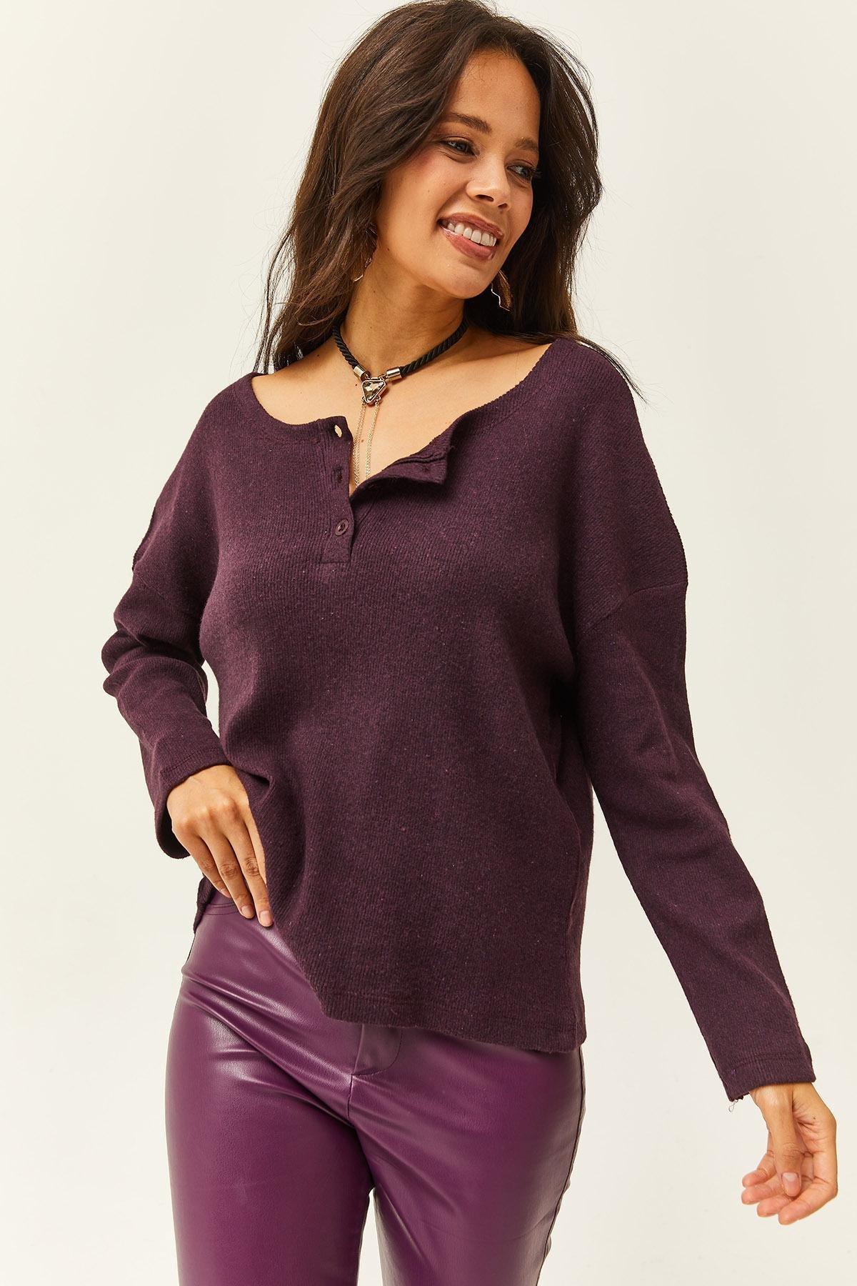 Womens Damson Button Raised Loose Sweater KZK-19000721, single, DAMSON, large image number 2