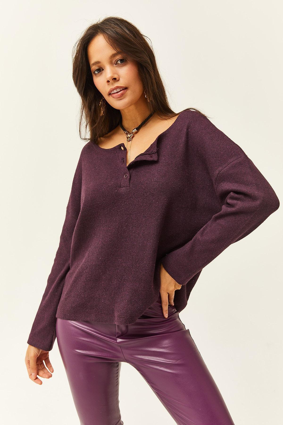 Womens Damson Button Raised Loose Sweater KZK-19000721, single, DAMSON, large image number 3