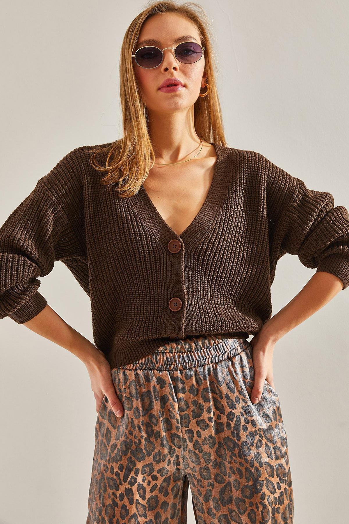 Brown Three-Button Knitted Cardigan, Brown, large image number 0