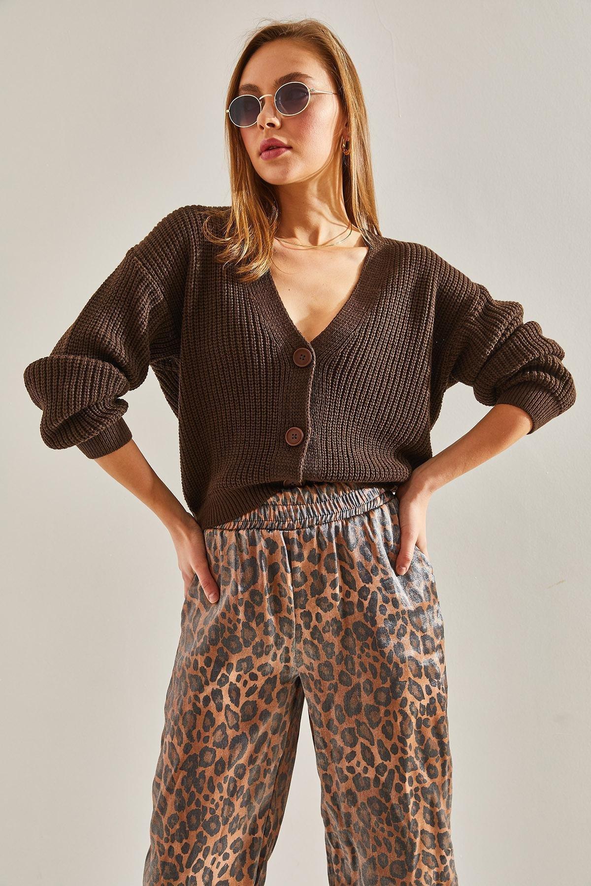 Brown Three-Button Knitted Cardigan, Brown, large image number 1