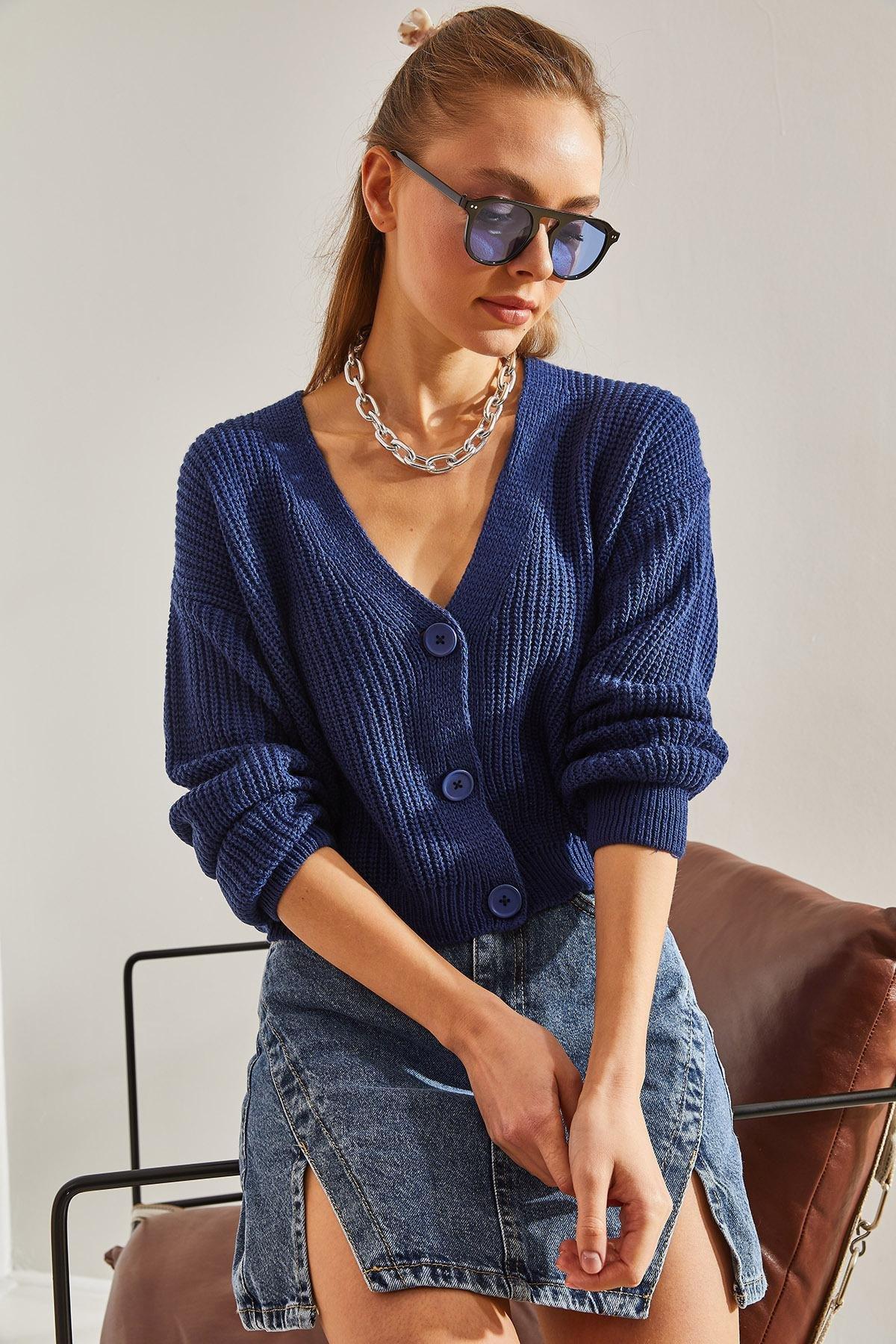 Navy Three-Button Knitted Cardigan, Navy blue, large image number 1