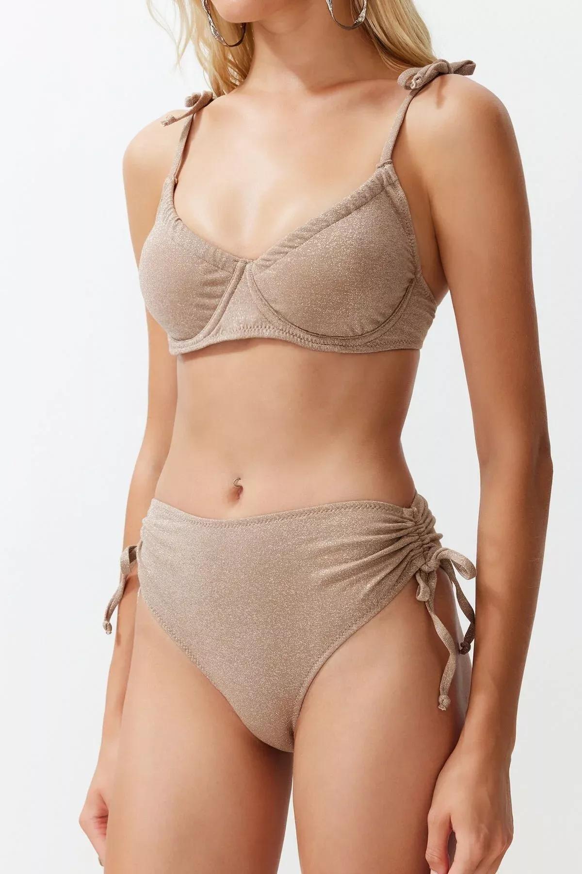 طقم بيكيني لامع بخصر مرتفع، بيج, Mink, large image number 3