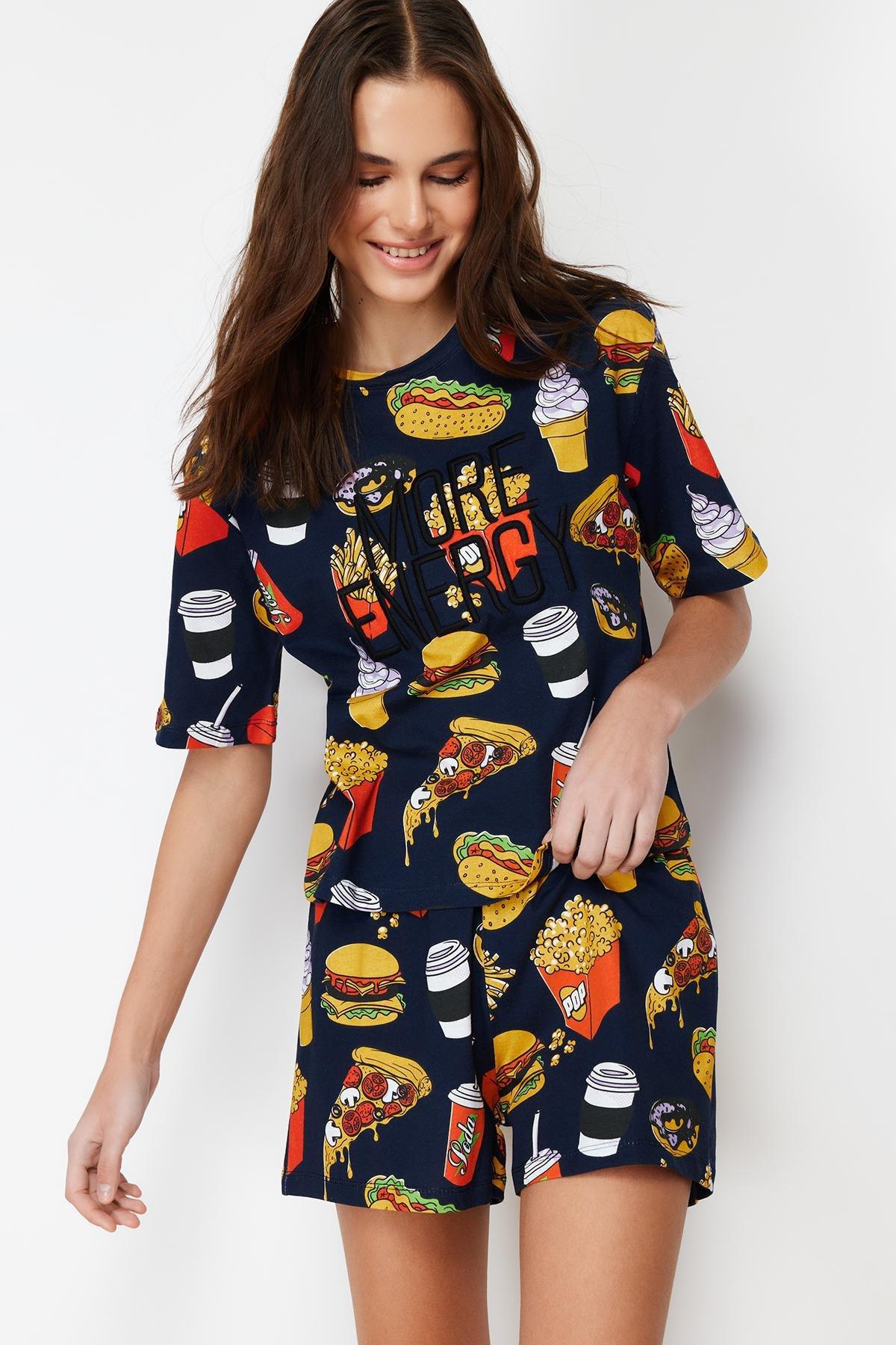 Navy Embroidered Knitted Pajamas Set, , large image number 1