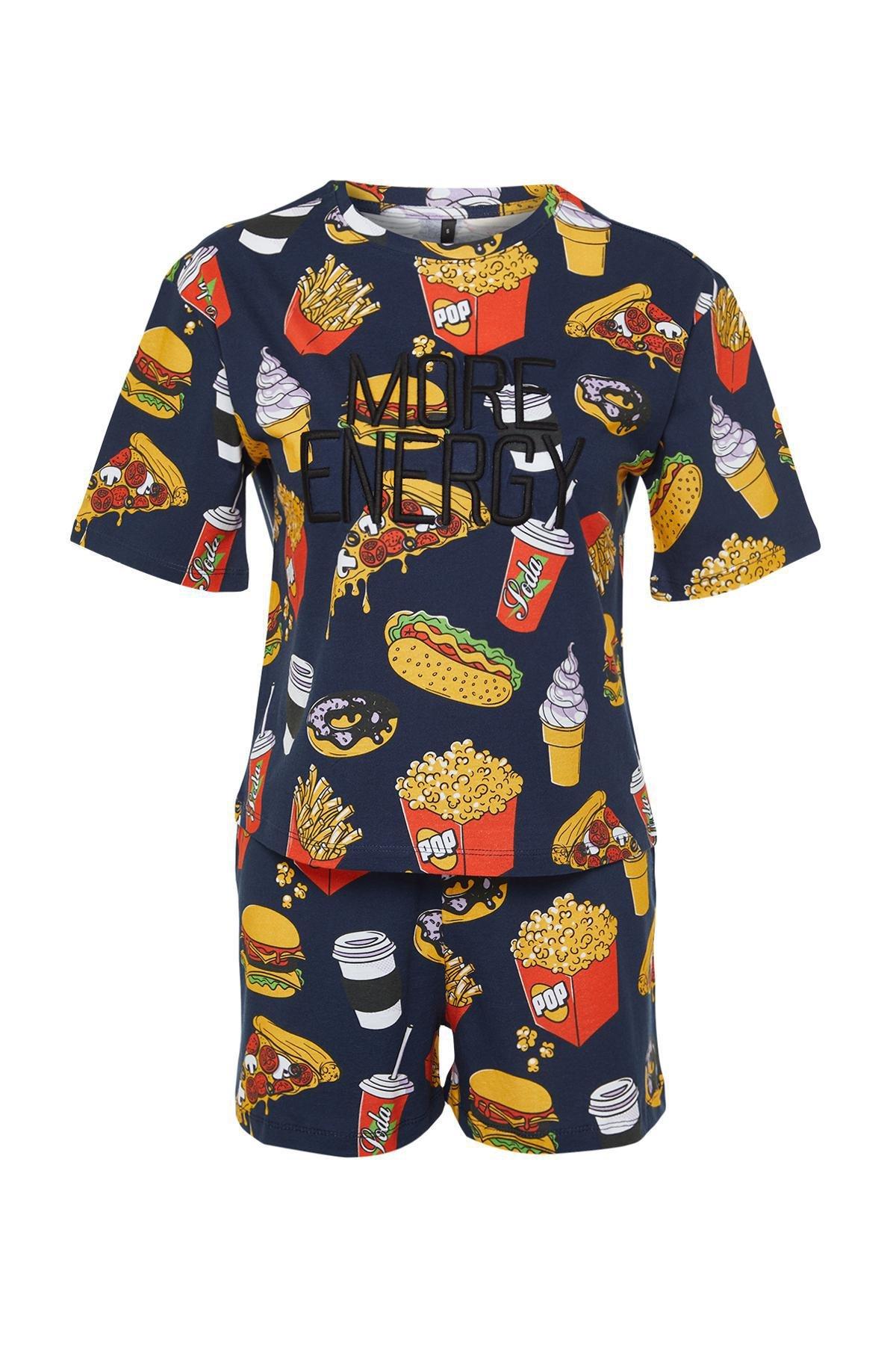 Navy Embroidered Knitted Pajamas Set, , large image number 5