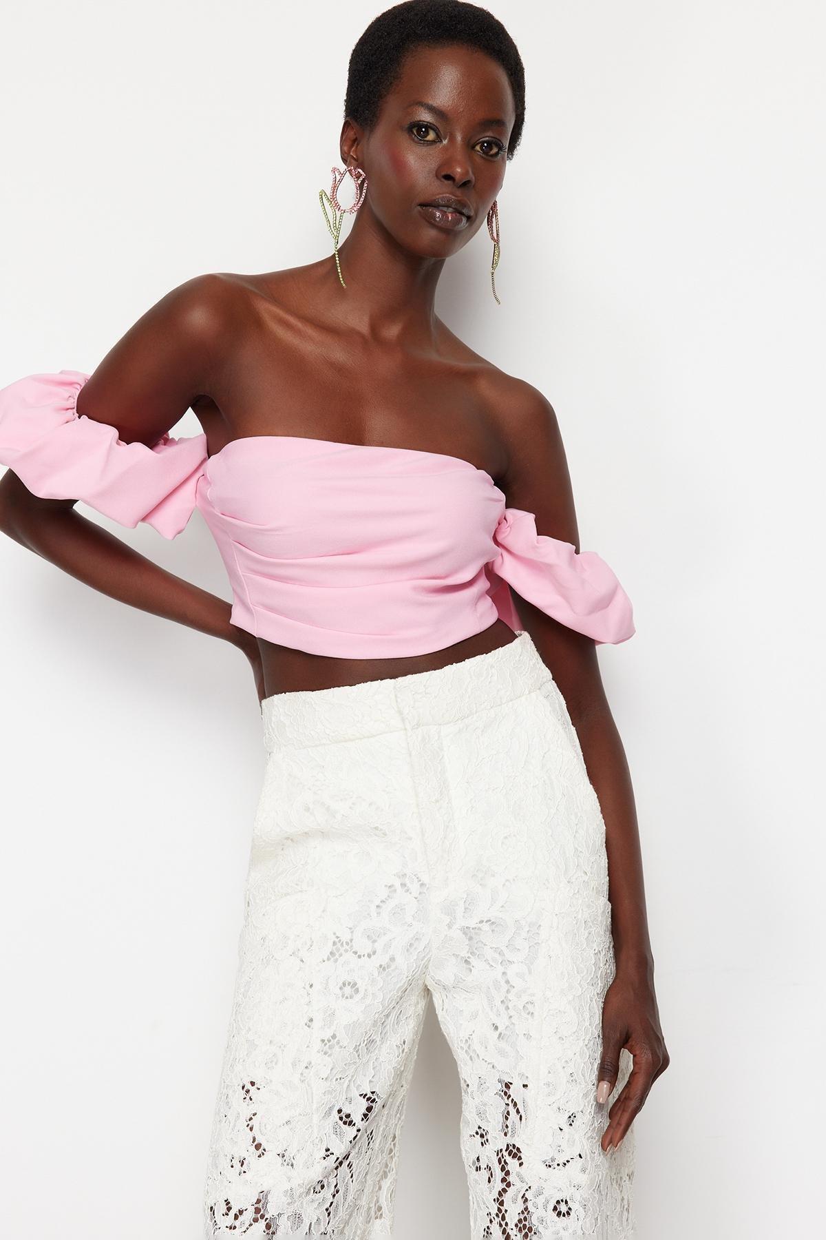 Pink Crop Woven Bustier, Pink, large image number 0