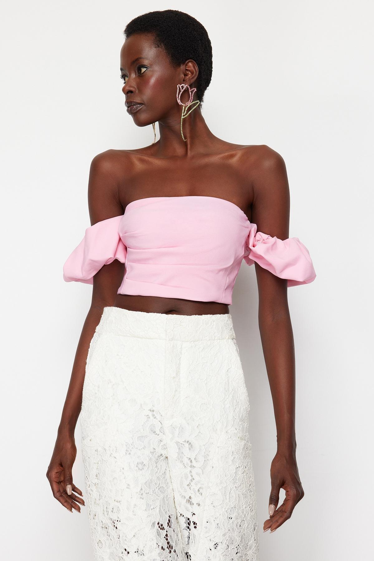 Pink Crop Woven Bustier, Pink, large image number 1