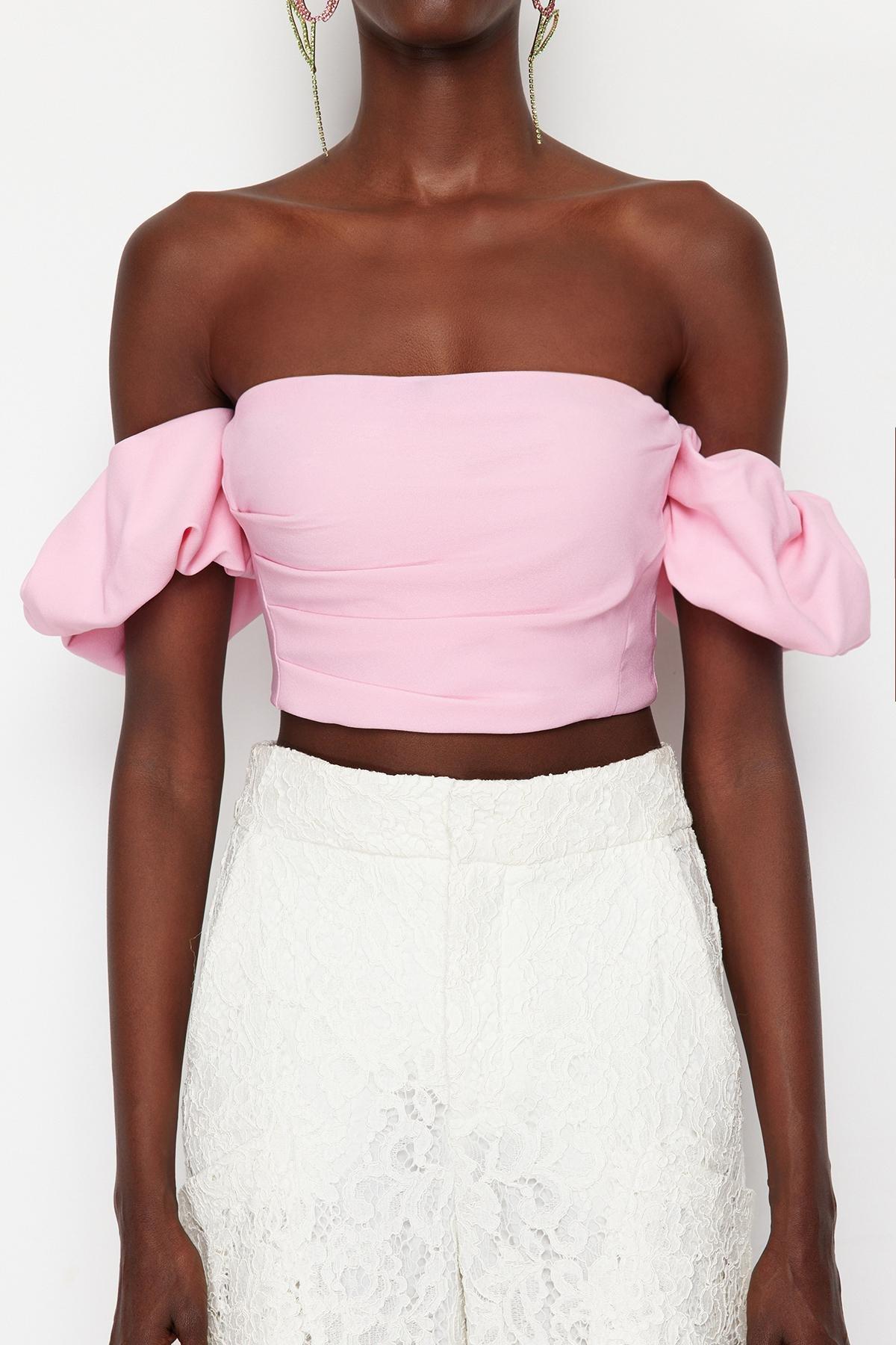 Pink Crop Woven Bustier, Pink, large image number 3