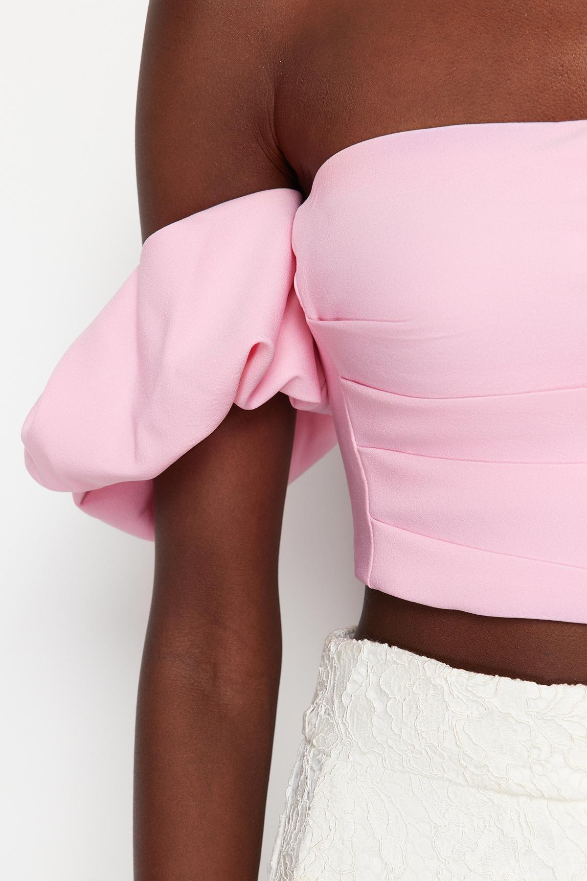Pink Crop Woven Bustier, Pink, large image number 4