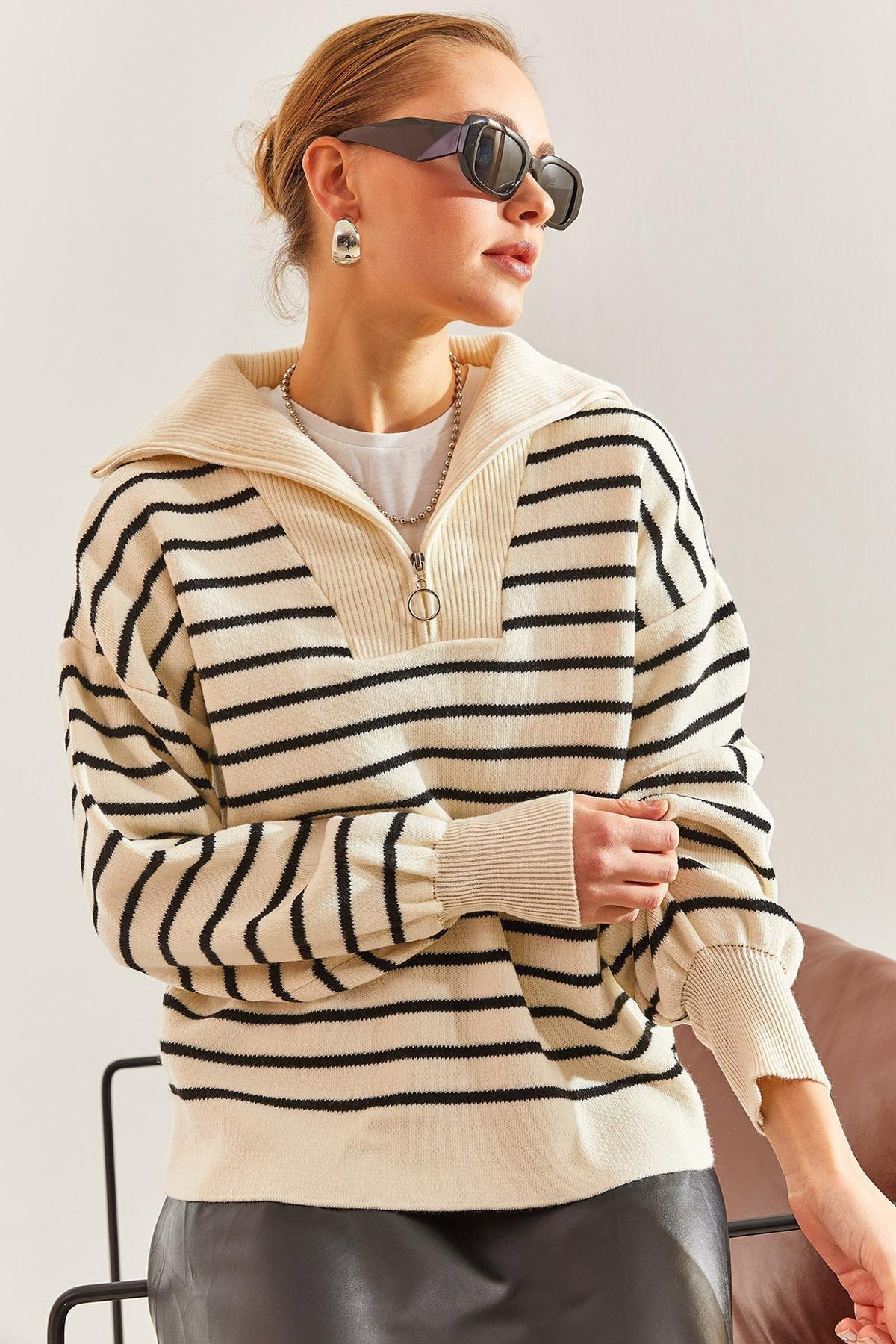 Multicolour Striped Zipper Sweater, , large image number 0