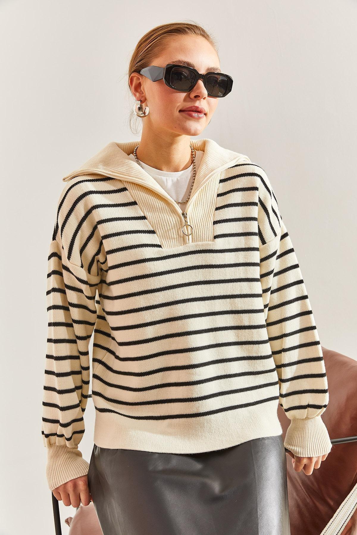 Multicolour Striped Zipper Sweater, , large image number 2