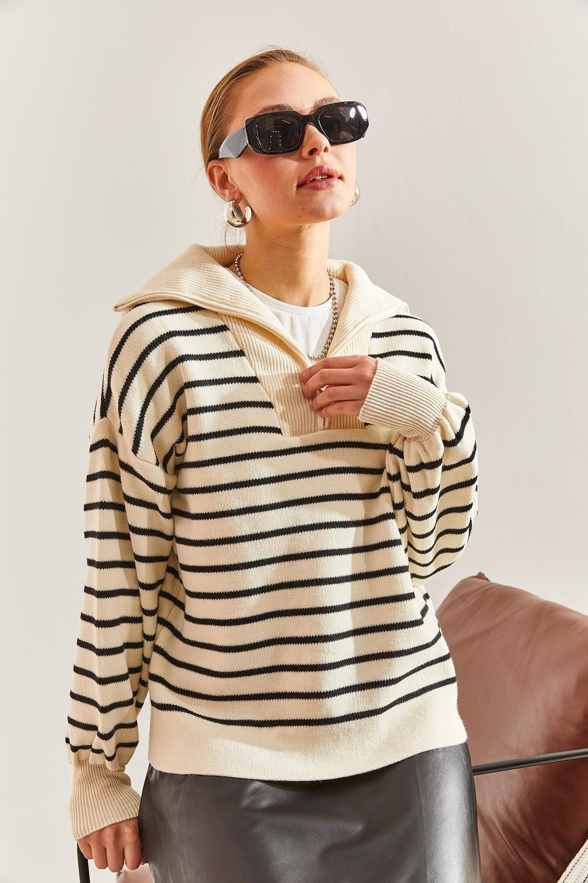 Multicolour Striped Zipper Sweater, , large image number 3