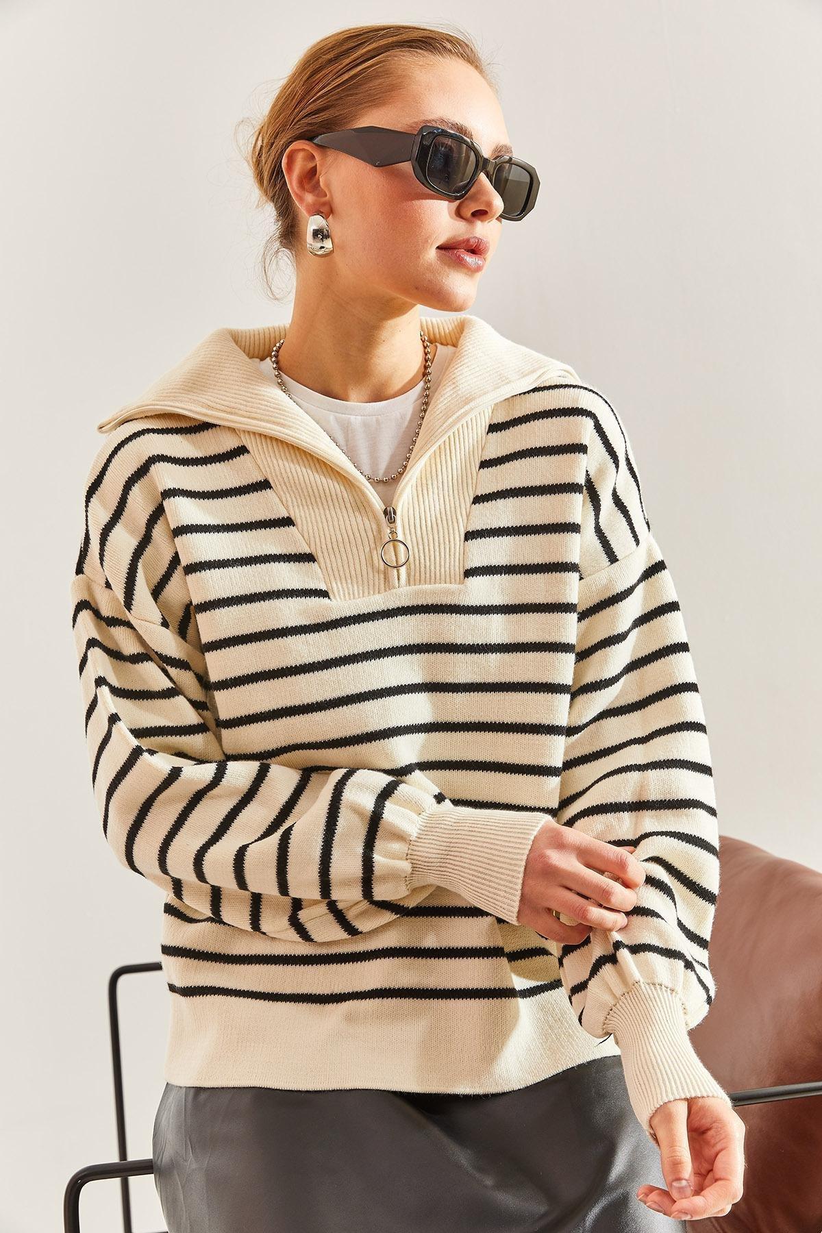 Multicolour Striped Zipper Sweater, , large image number 4