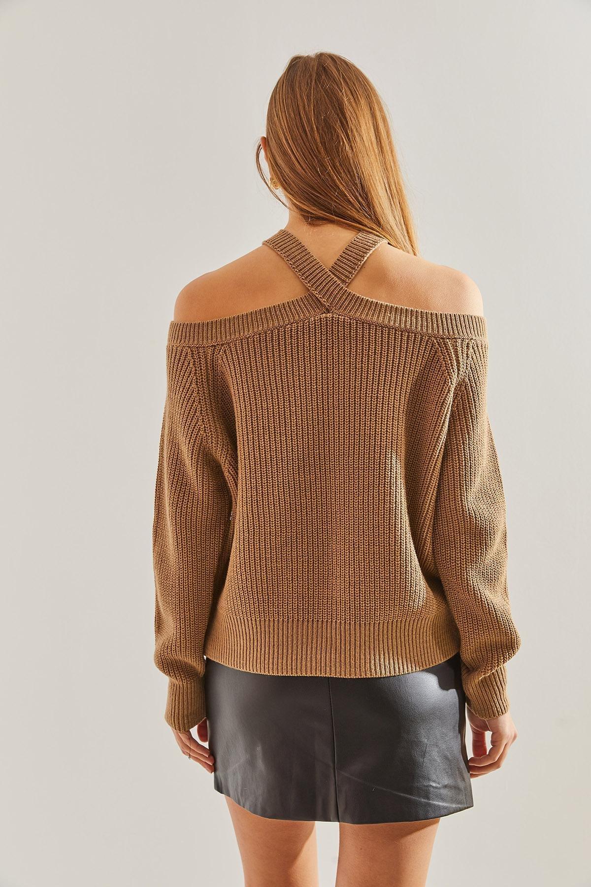 Beige Cross Strap Knitted Sweater, CAMEL, large image number 1
