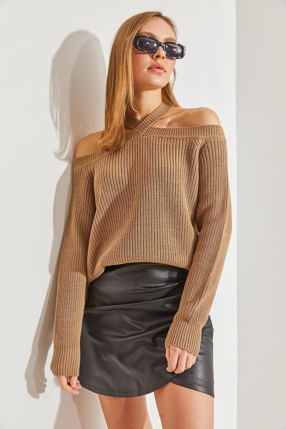 Beige Cross Strap Knitted Sweater, CAMEL, large image number 4