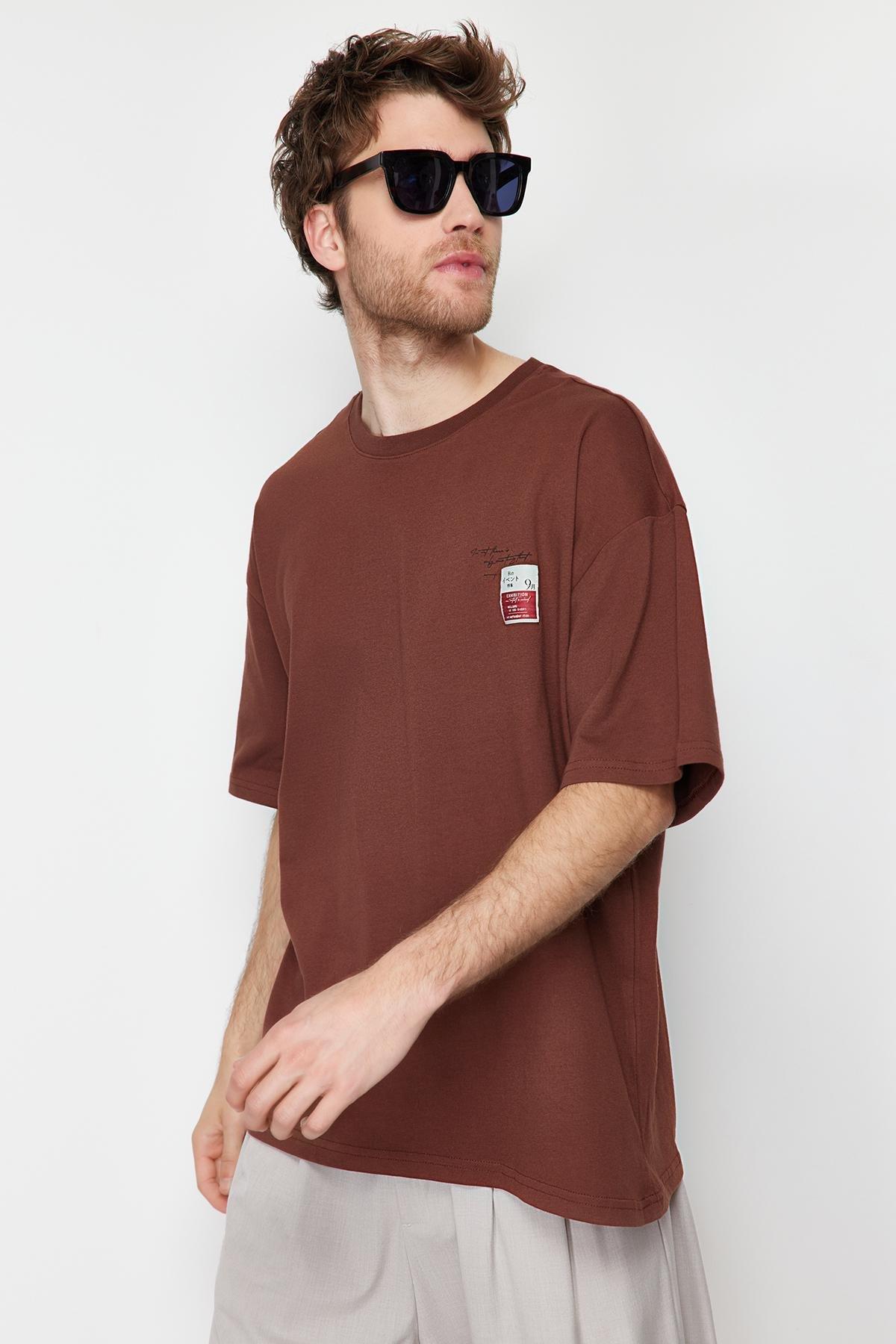 Brown Oversize Labeled Text Printed 100% Cotton T-Shirt TMNSS24TS00090, , large image number 0