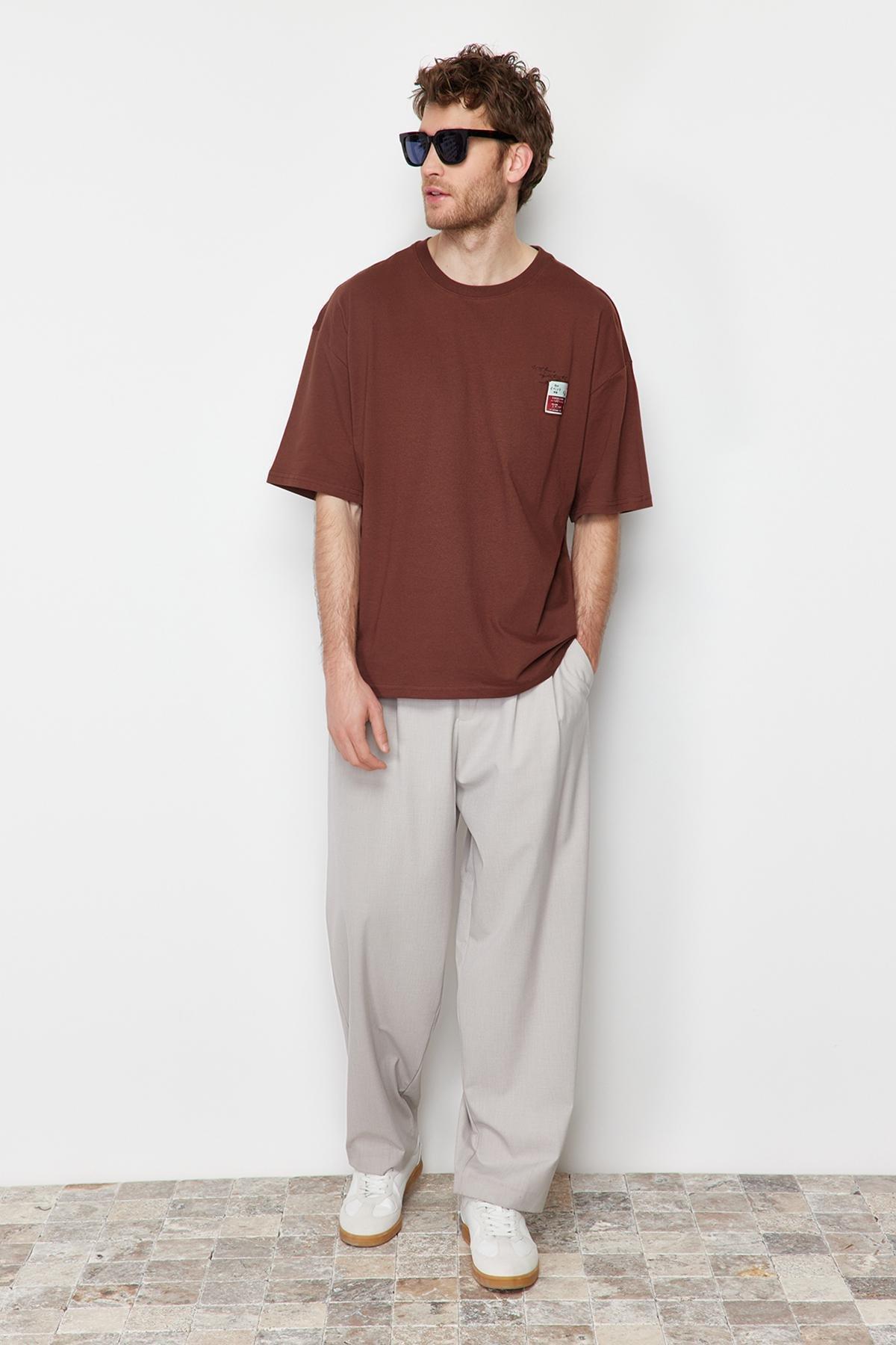 Brown Oversize Labeled Text Printed 100% Cotton T-Shirt TMNSS24TS00090, , large image number 1