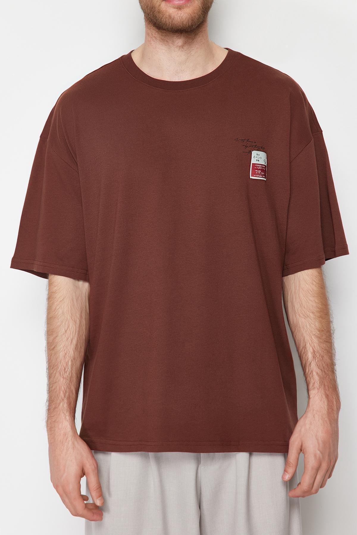 Brown Oversize Labeled Text Printed 100% Cotton T-Shirt TMNSS24TS00090, , large image number 2