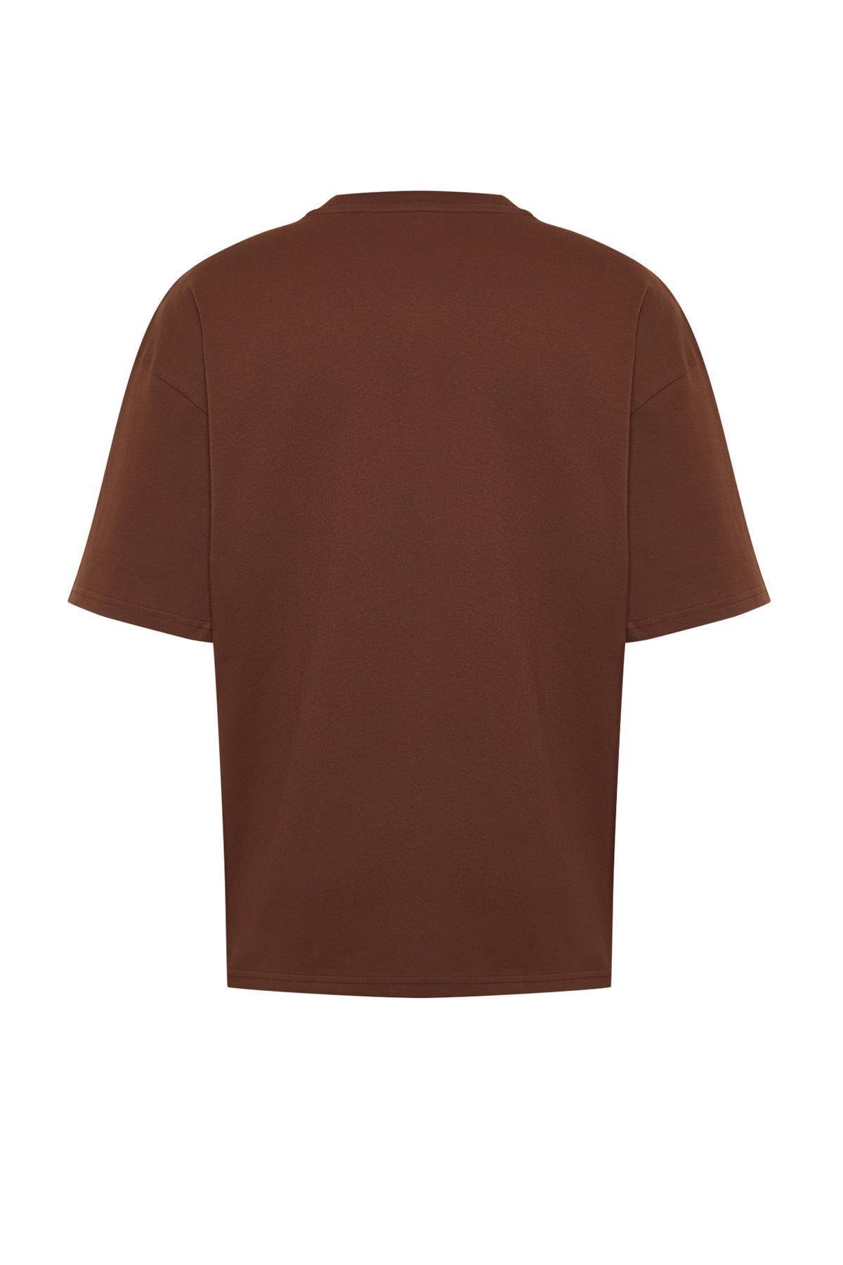 Brown Oversize Labeled Text Printed 100% Cotton T-Shirt TMNSS24TS00090, , large image number 4