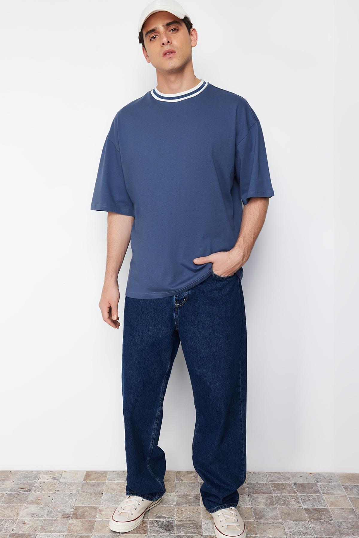 Indigo Oversize Collar Detailed Labeled 100% Cotton T-Shirt TMNSS24TS00095, , large image number 0