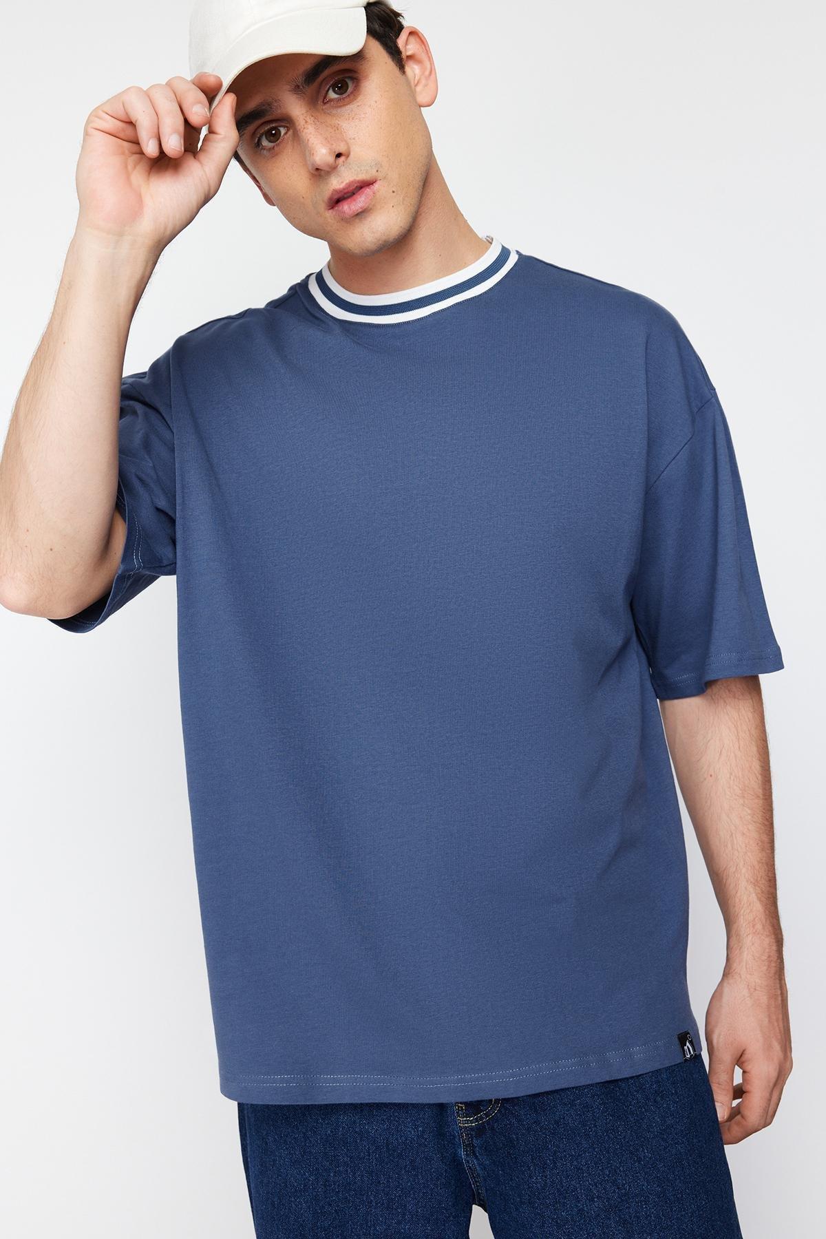 Indigo Oversize Collar Detailed Labeled 100% Cotton T-Shirt TMNSS24TS00095, , large image number 1