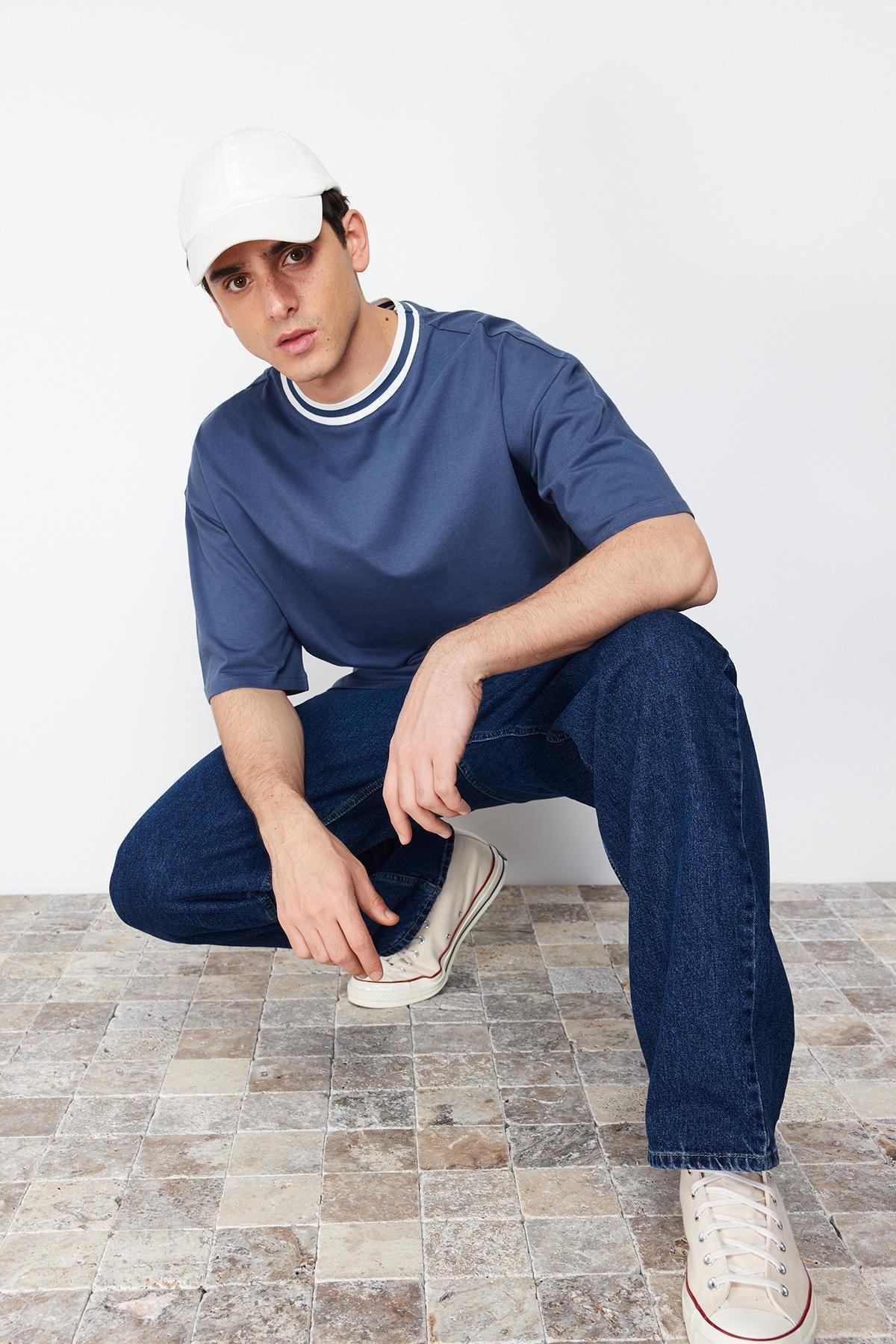 Indigo Oversize Collar Detailed Labeled 100% Cotton T-Shirt TMNSS24TS00095, , large image number 2