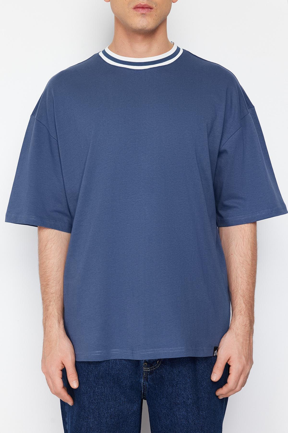 Indigo Oversize Collar Detailed Labeled 100% Cotton T-Shirt TMNSS24TS00095, , large image number 3