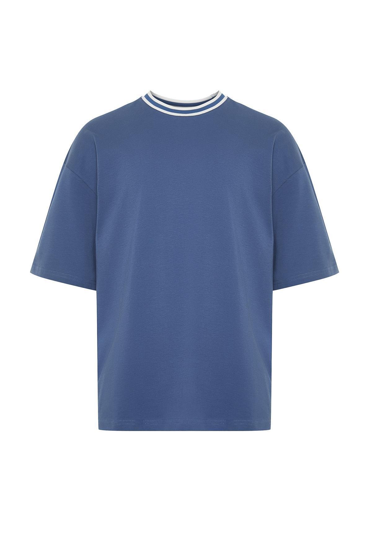 Indigo Oversize Collar Detailed Labeled 100% Cotton T-Shirt TMNSS24TS00095, , large image number 4
