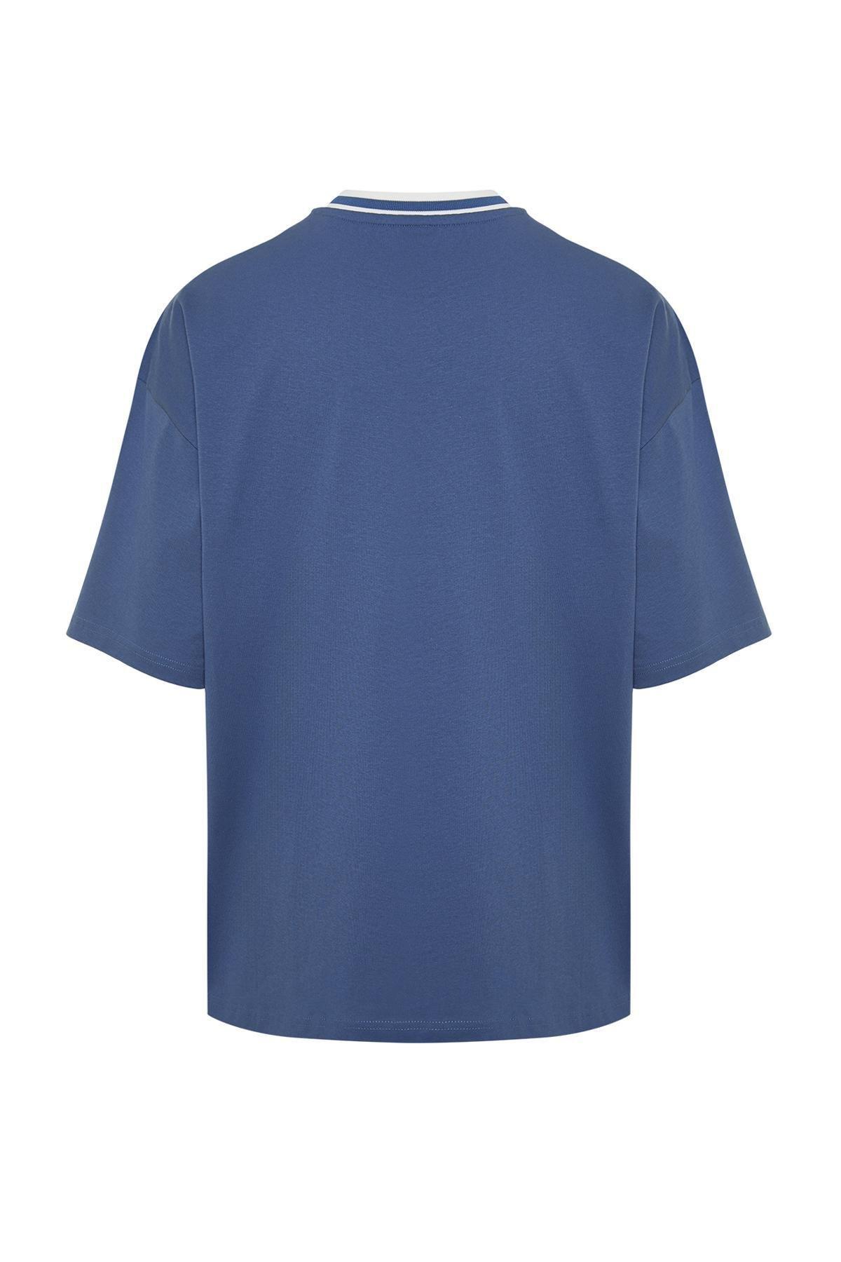 Indigo Oversize Collar Detailed Labeled 100% Cotton T-Shirt TMNSS24TS00095, , large image number 5