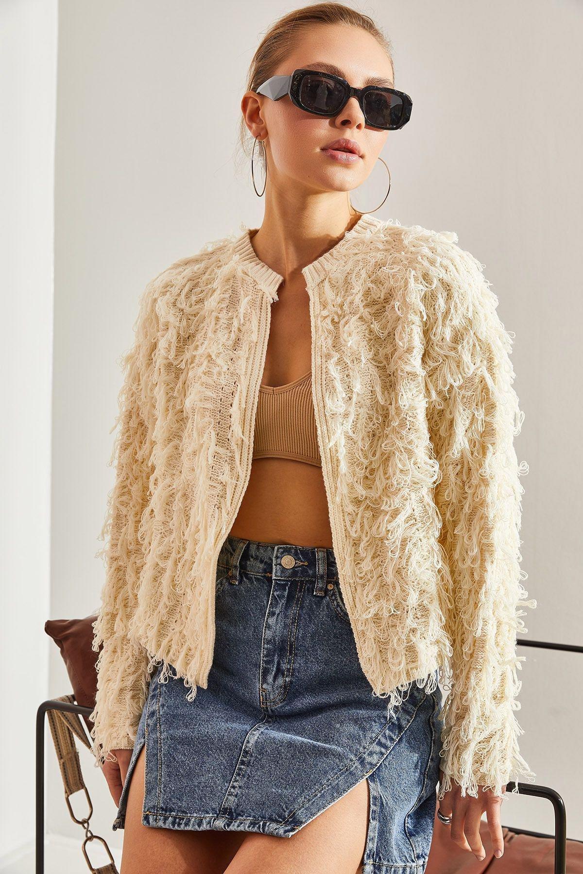 White Tasselled Knitted Cardigan, Cream, large image number 0