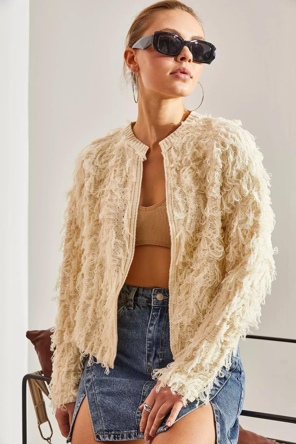 White Tasselled Knitted Cardigan, Cream, large image number 1
