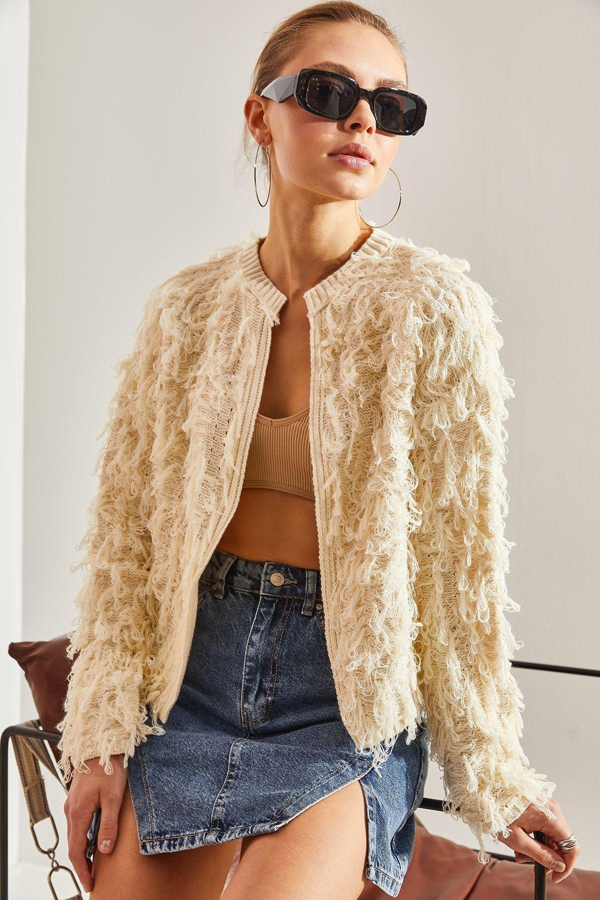 White Tasselled Knitted Cardigan, Cream, large image number 2