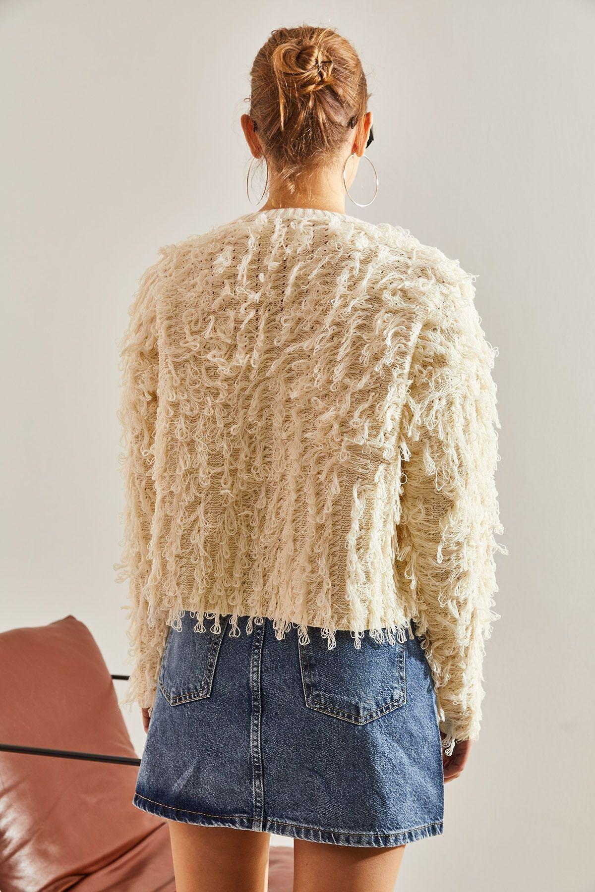 White Tasselled Knitted Cardigan, Cream, large image number 3