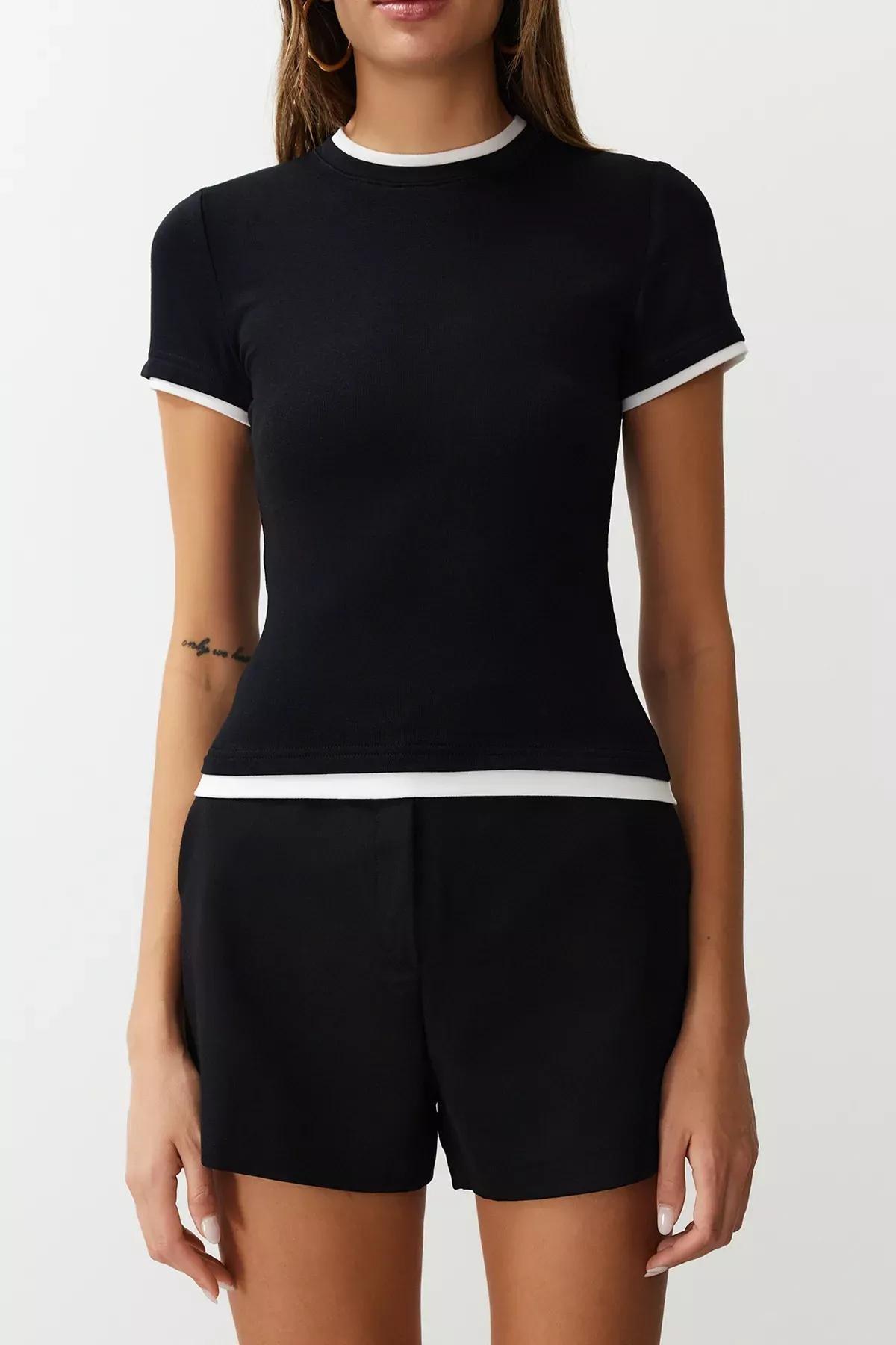 Black Colorblock Fitted Knit T-Shirt, BLACK, large image number 4