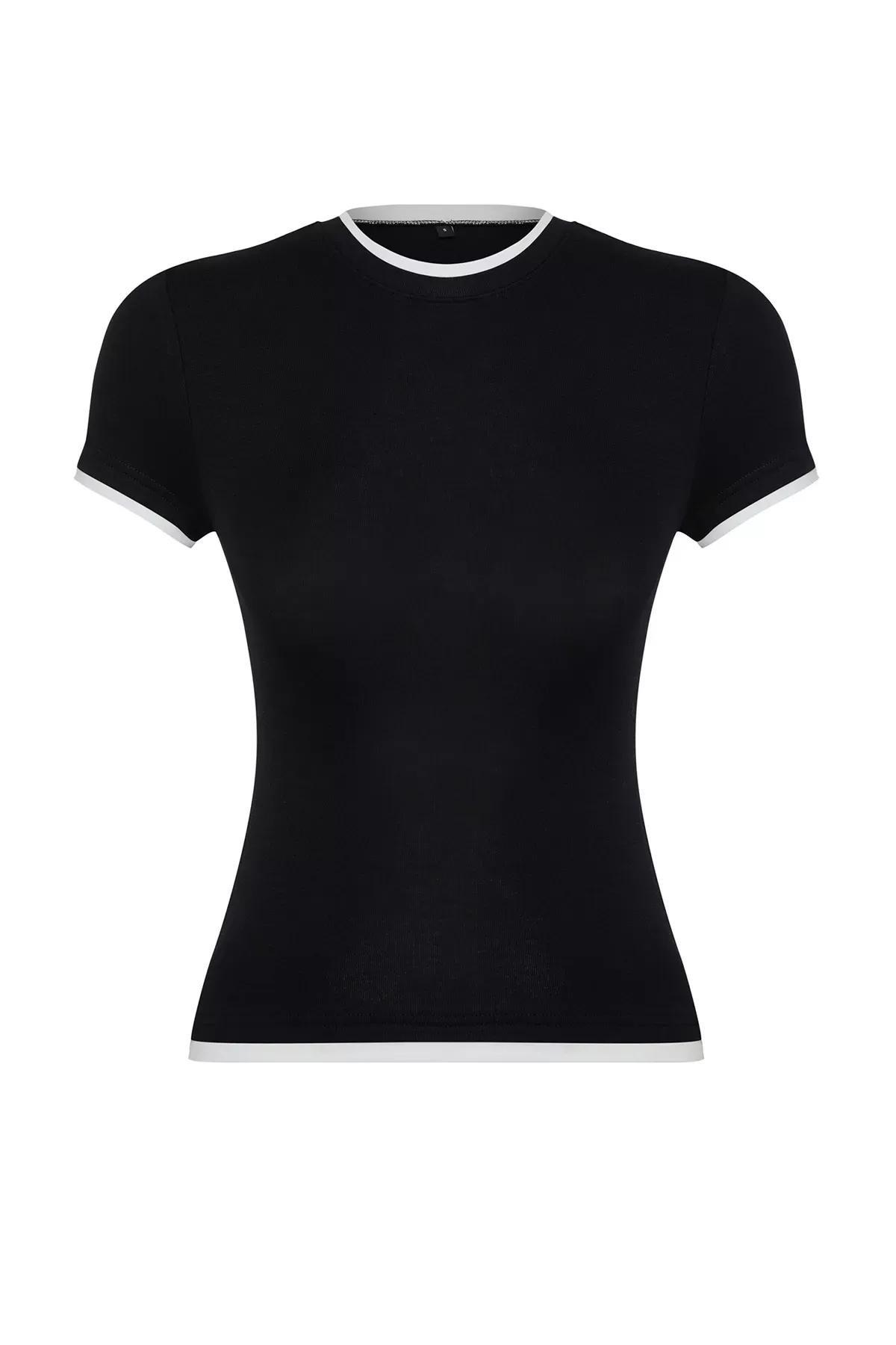 Black Colorblock Fitted Knit T-Shirt, BLACK, large image number 5