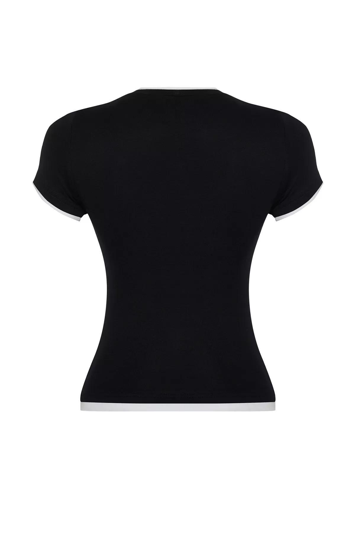 Black Colorblock Fitted Knit T-Shirt, BLACK, large image number 6