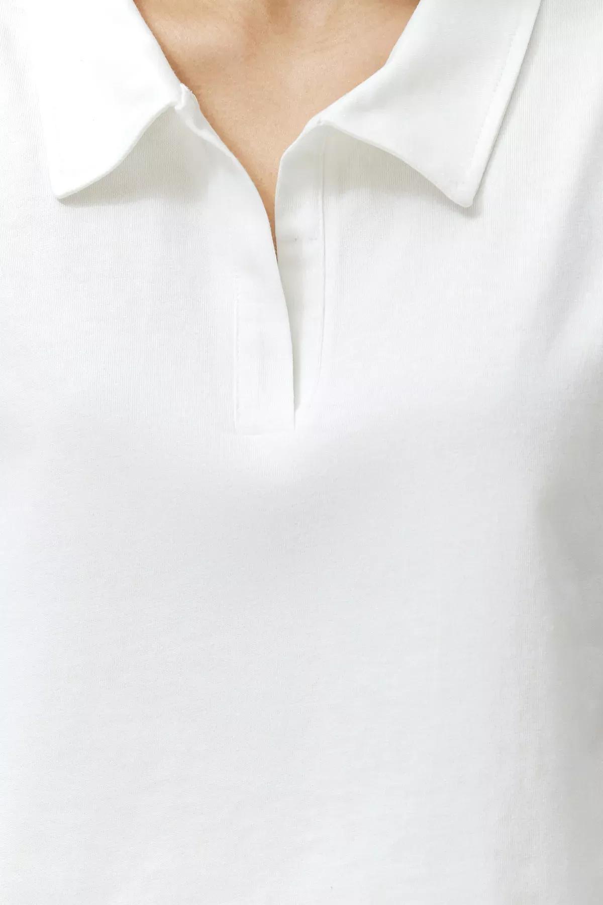 Beige Polo Neck Patterned T-Shirt, Ecru, large image number 3