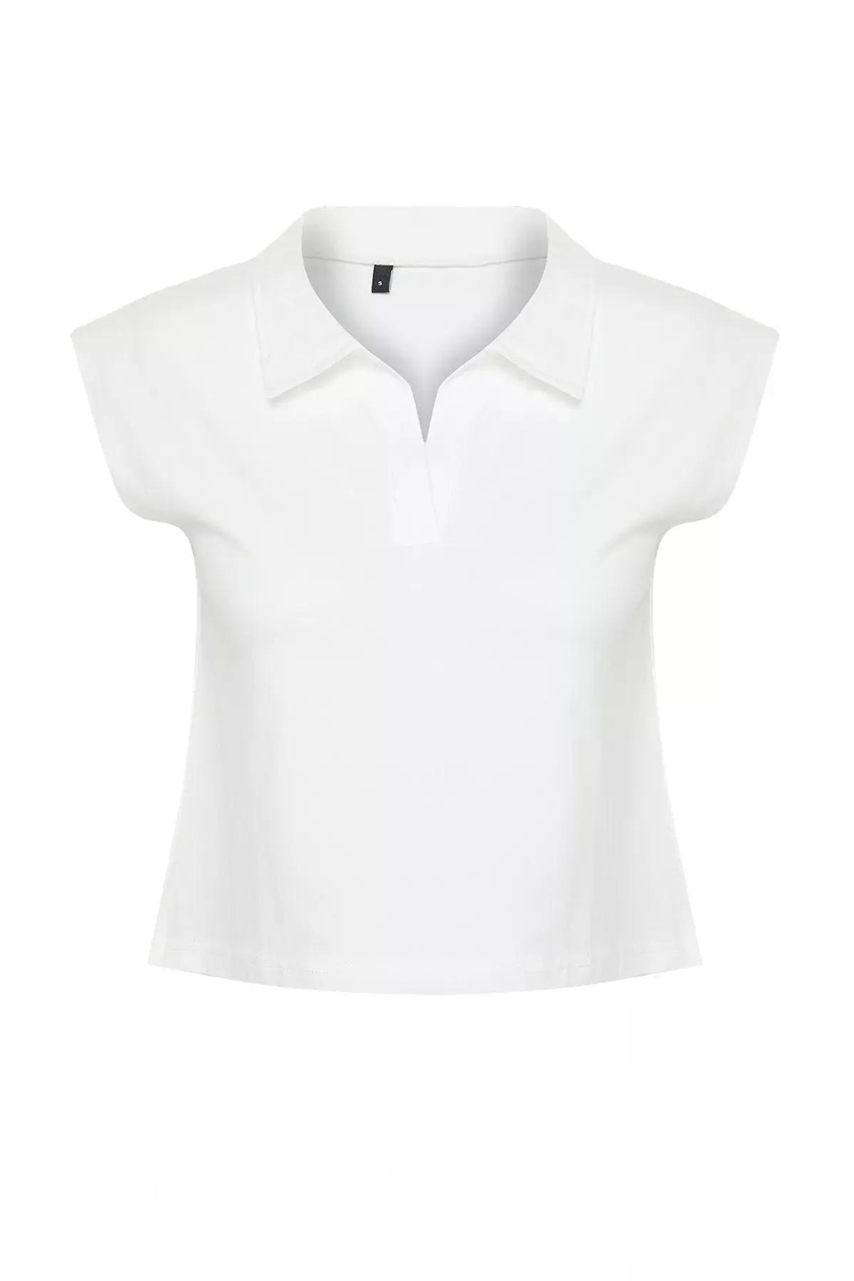 Beige Polo Neck Patterned T-Shirt, Ecru, large image number 5