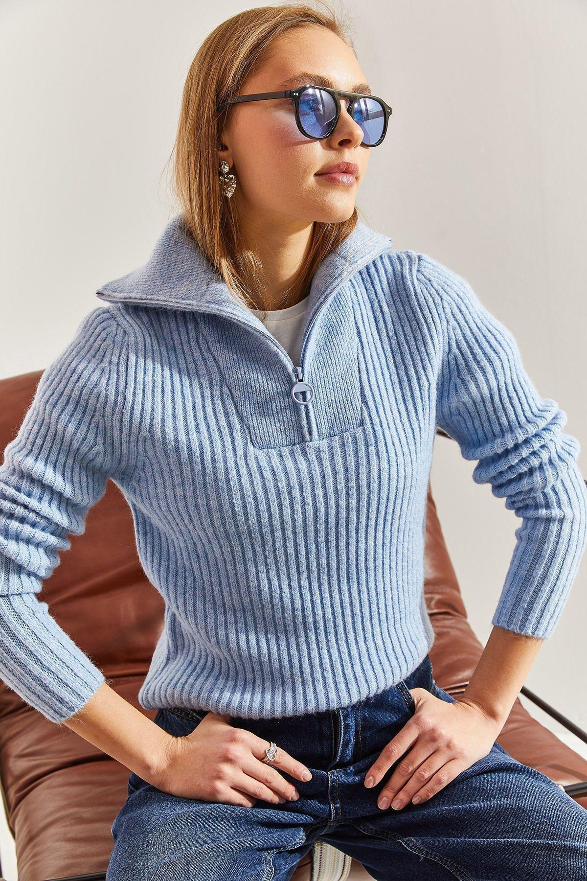 Blue Turtleneck Zippered Knitted Sweater, BABY BLUE, large image number 1