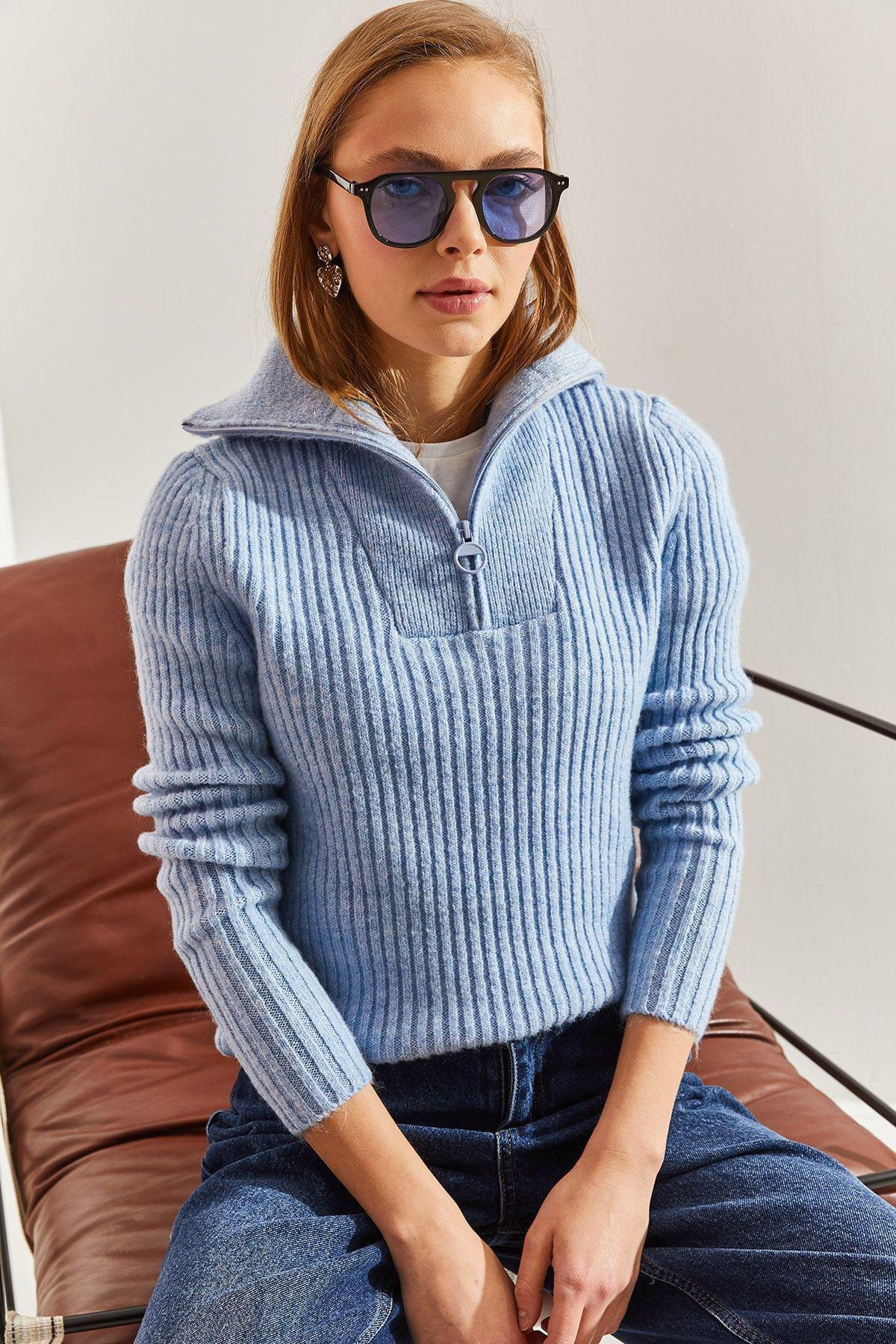 Blue Turtleneck Zippered Knitted Sweater, BABY BLUE, large image number 2
