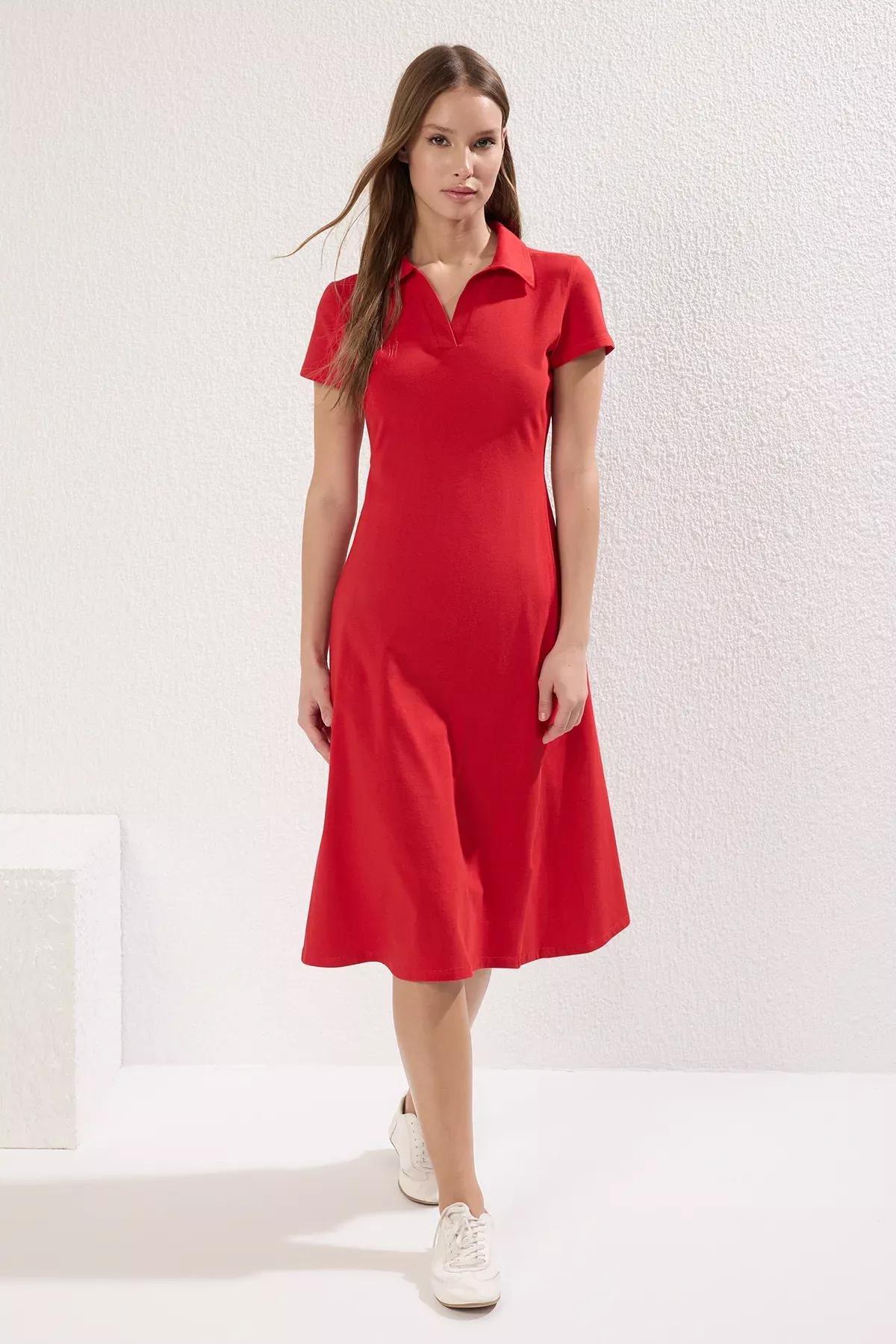 Red Polo Neck Skater Midi Dress, Red, large image number 0