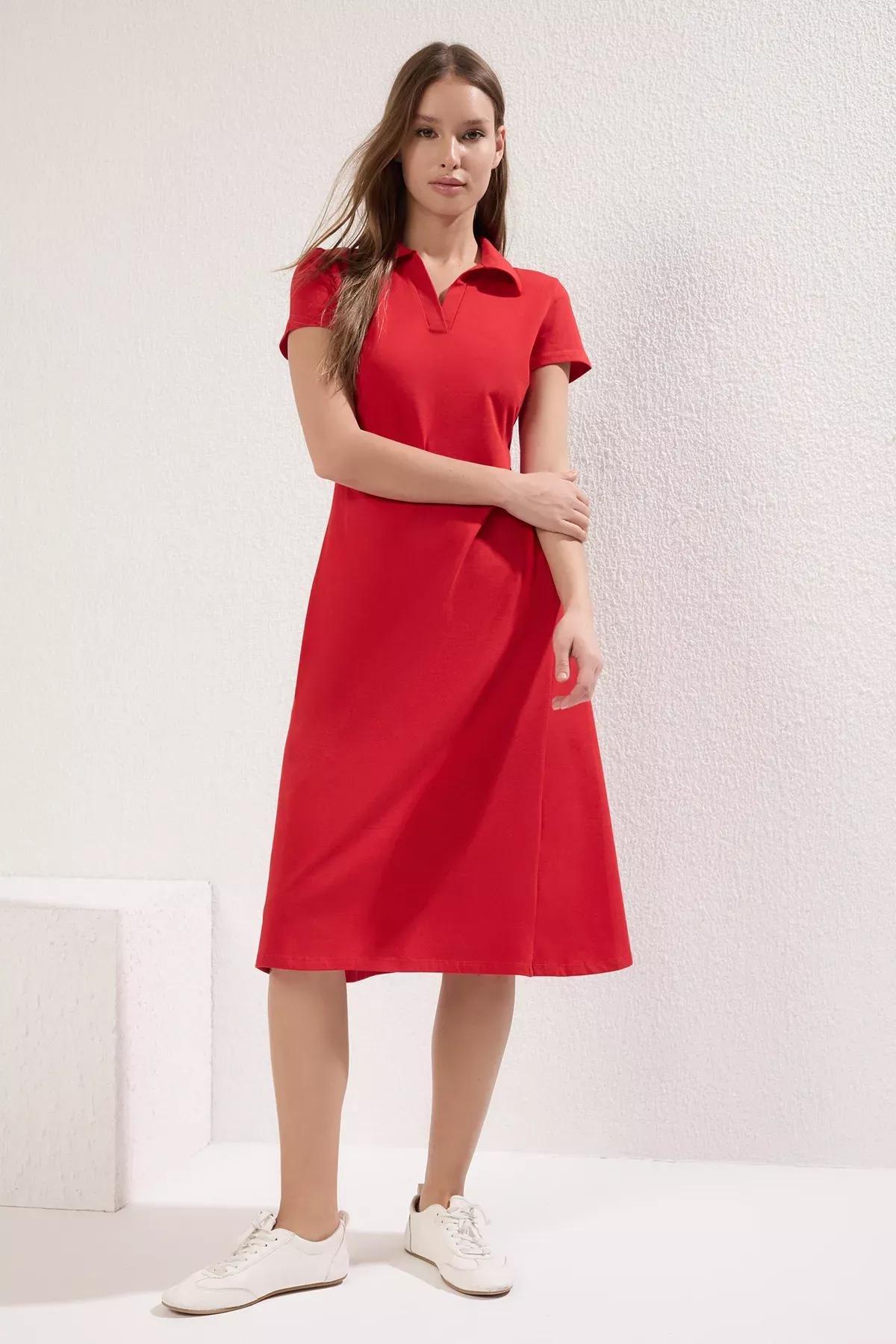 Red Polo Neck Skater Midi Dress, Red, large image number 1