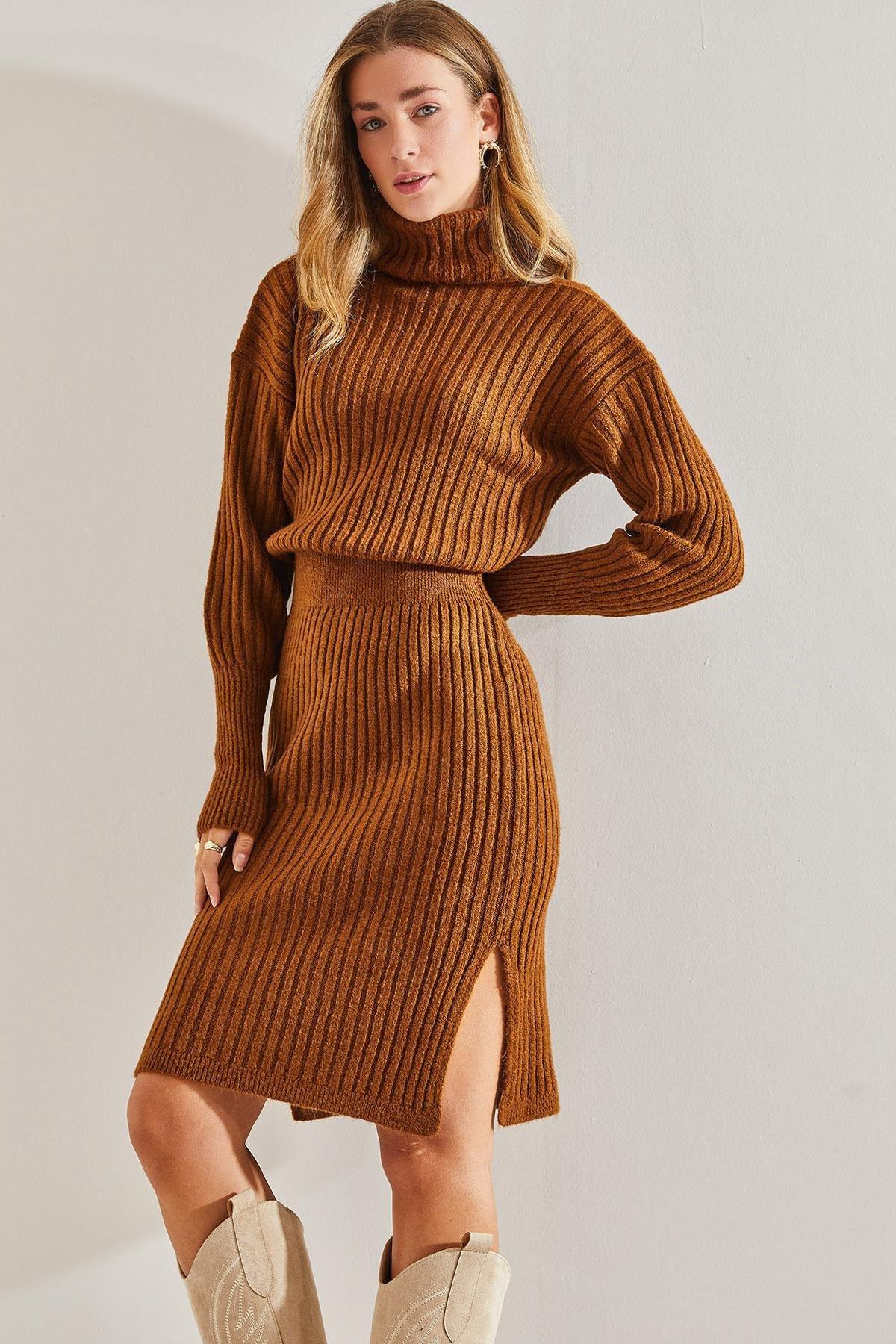 Brown Turtleneck Elastic Waist Dress, Brown, large image number 0