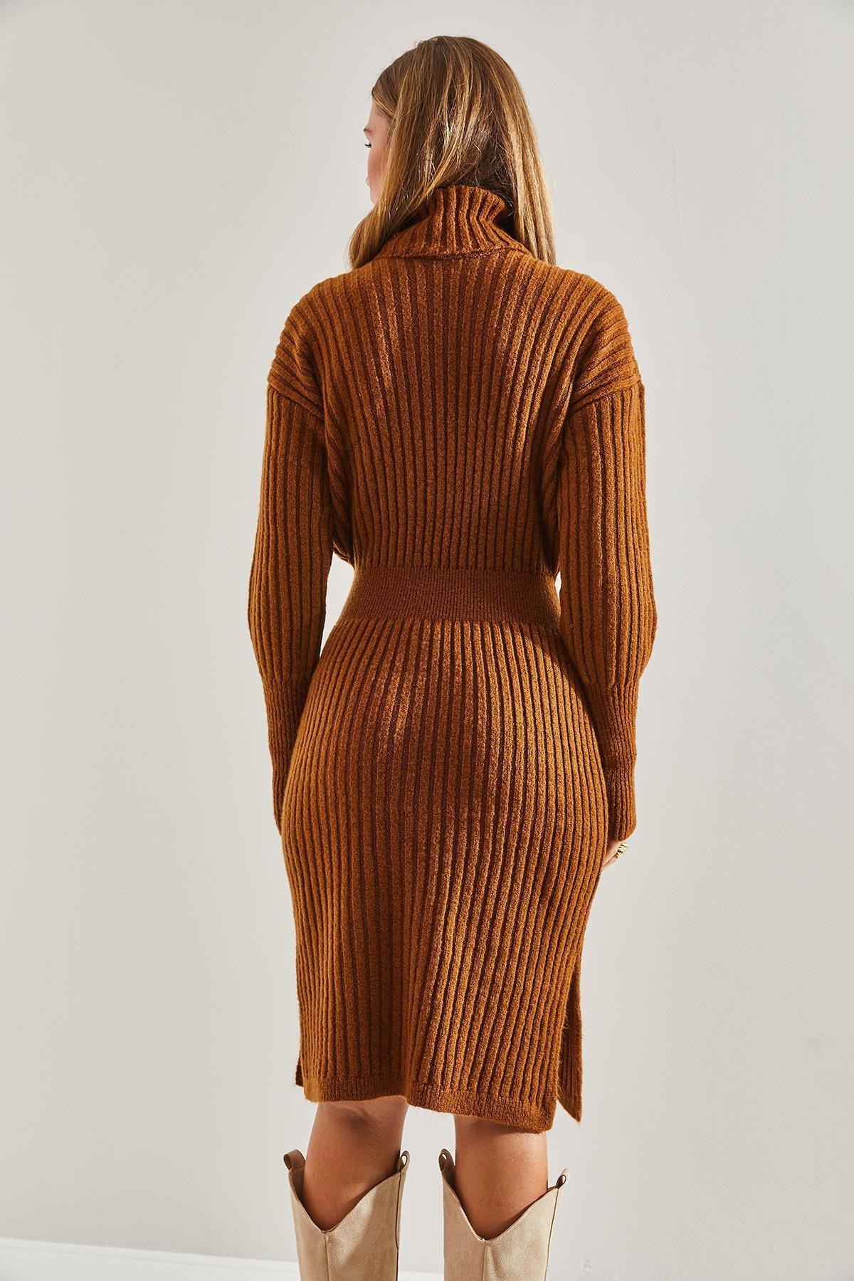 Brown Turtleneck Elastic Waist Dress, Brown, large image number 1