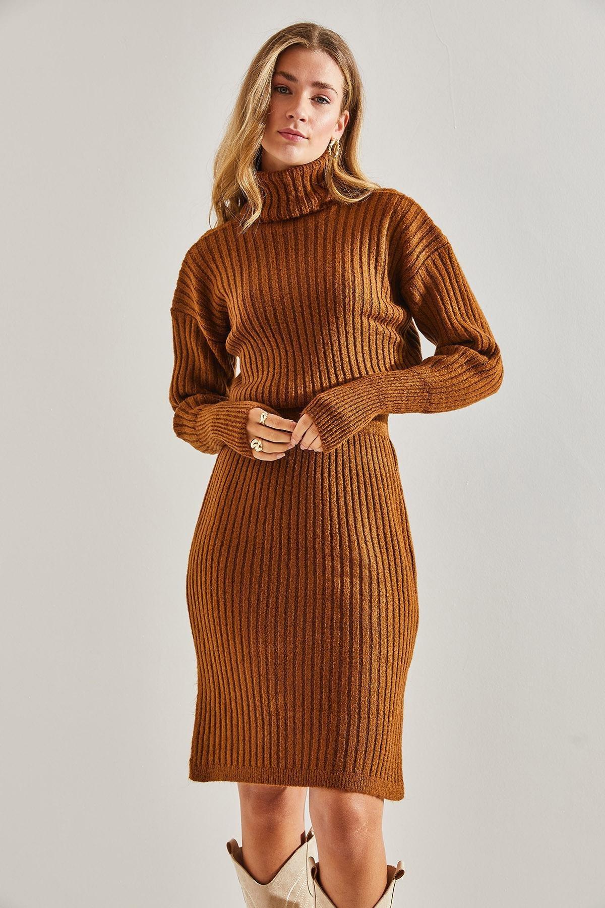 Brown Turtleneck Elastic Waist Dress, Brown, large image number 2