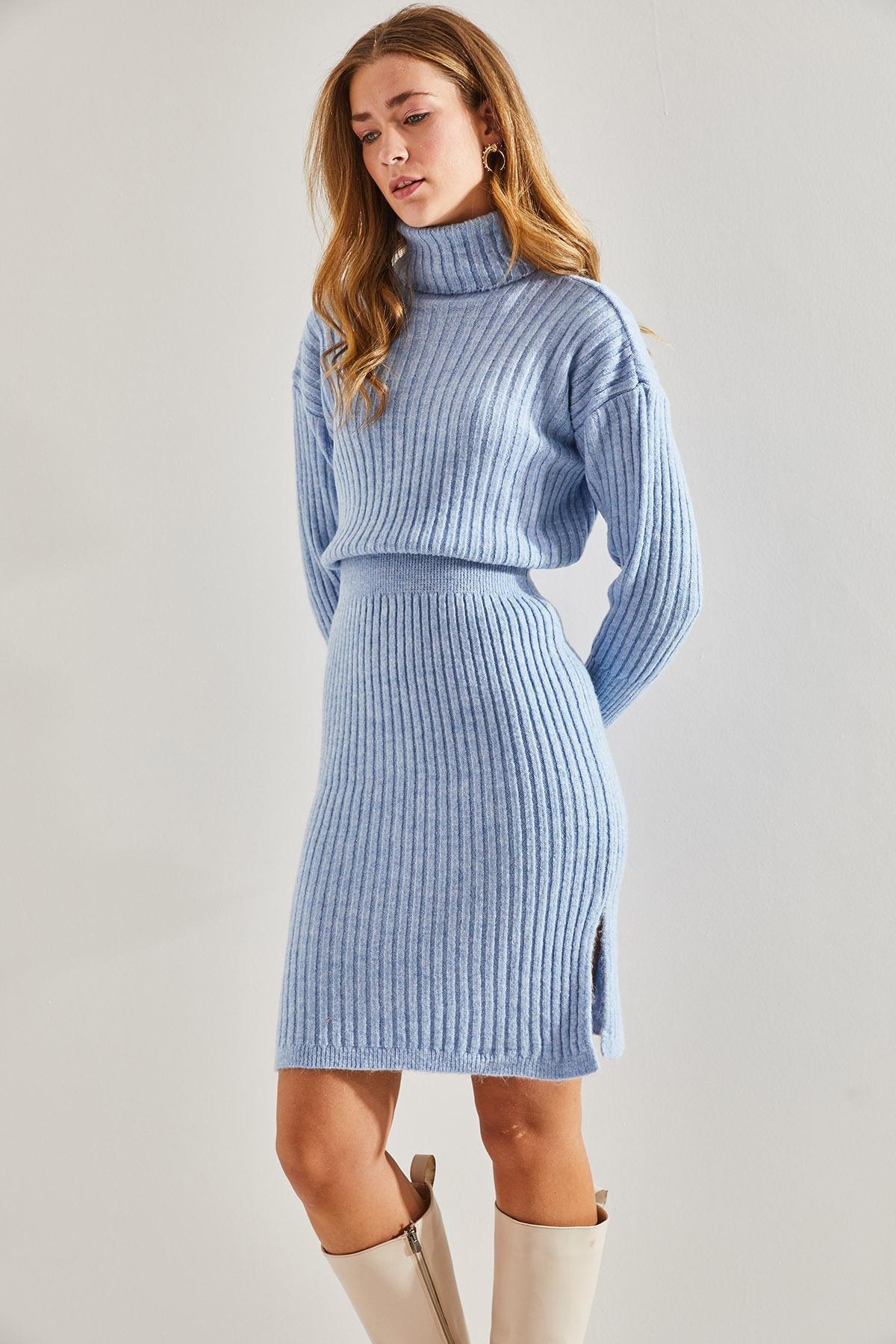 Blue Turtleneck Elastic Waist Dress, BABY BLUE, large image number 3