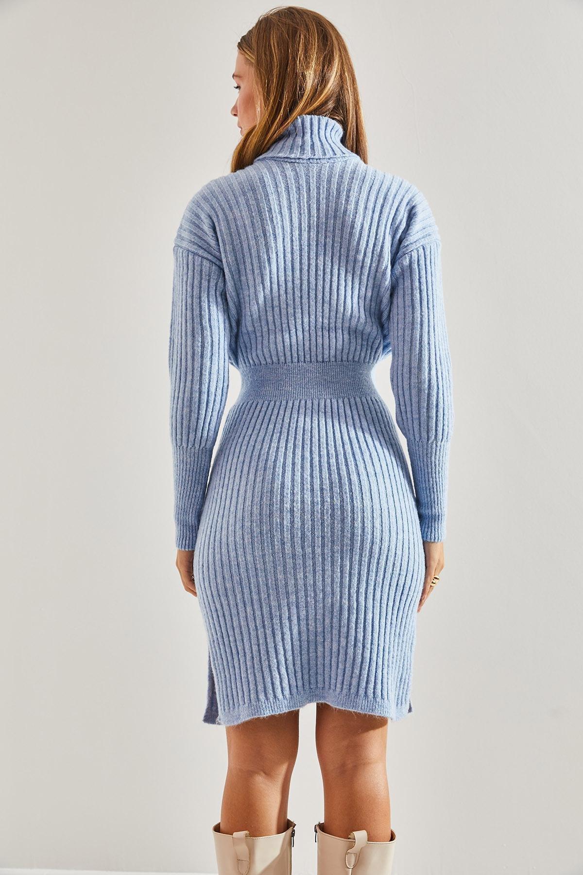 Blue Turtleneck Elastic Waist Dress, BABY BLUE, large image number 4