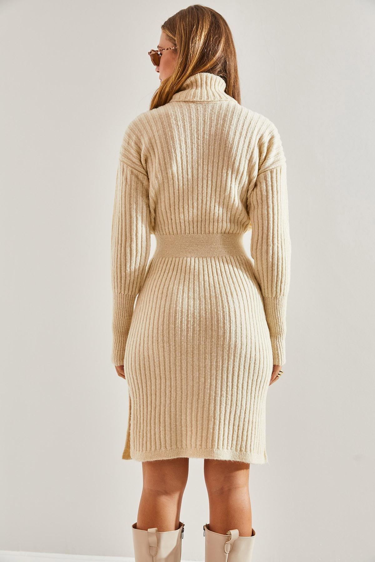 Beige Turtleneck Elastic Waist Dress, Ecru, large image number 3