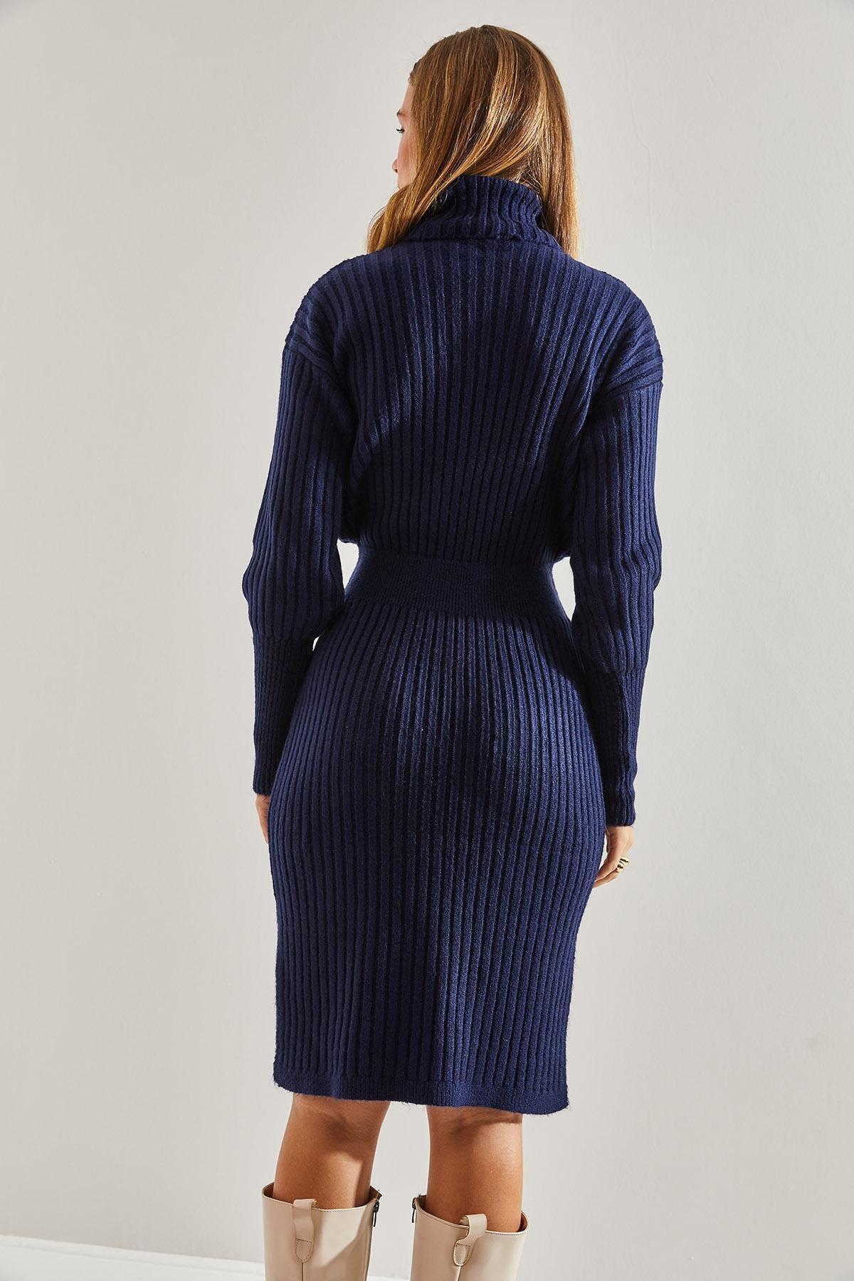 Navy Turtleneck Elastic Waist Dress, Navy blue, large image number 1