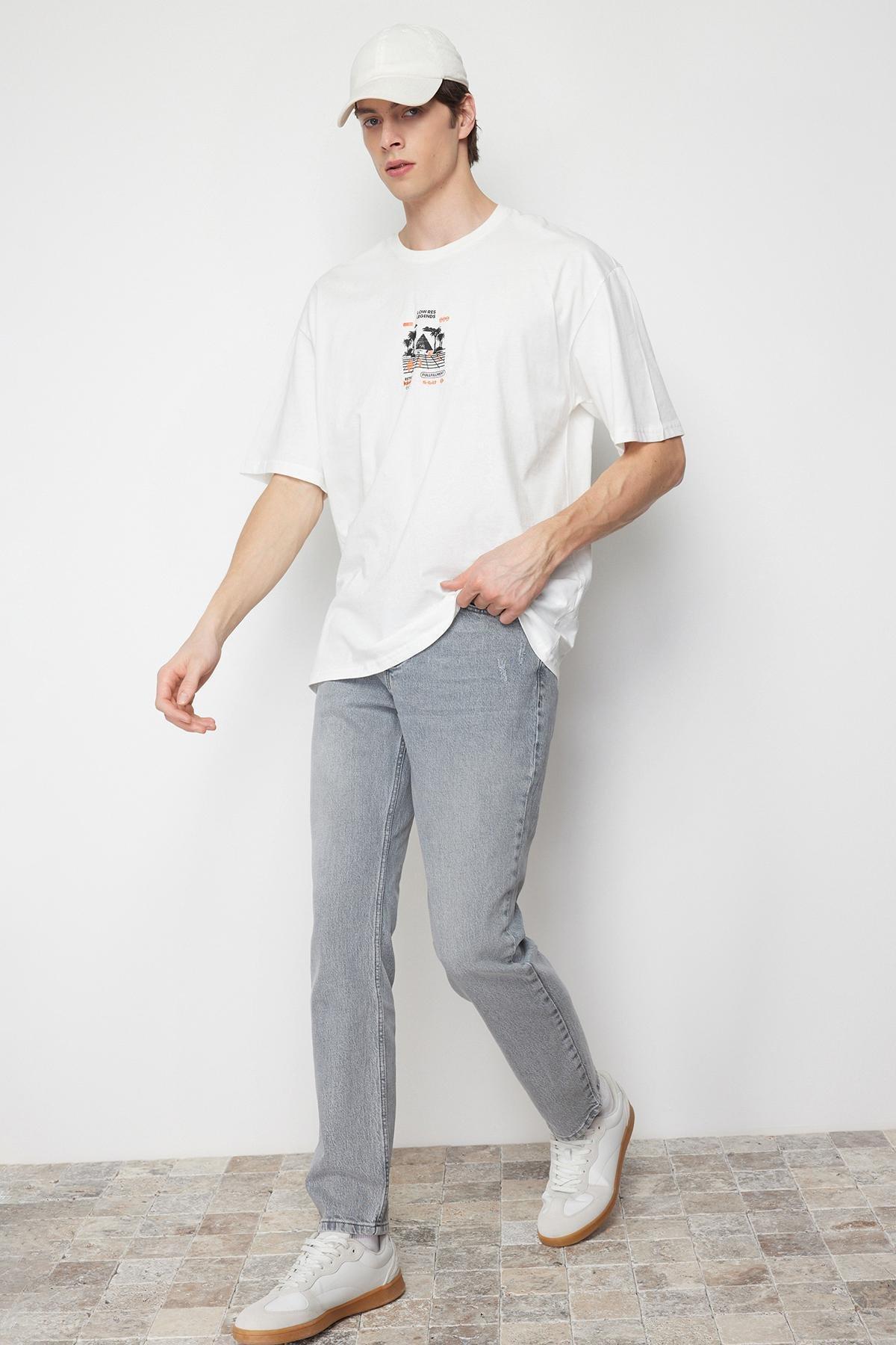 Grey Frayed Detailed Jeans, , large image number 1
